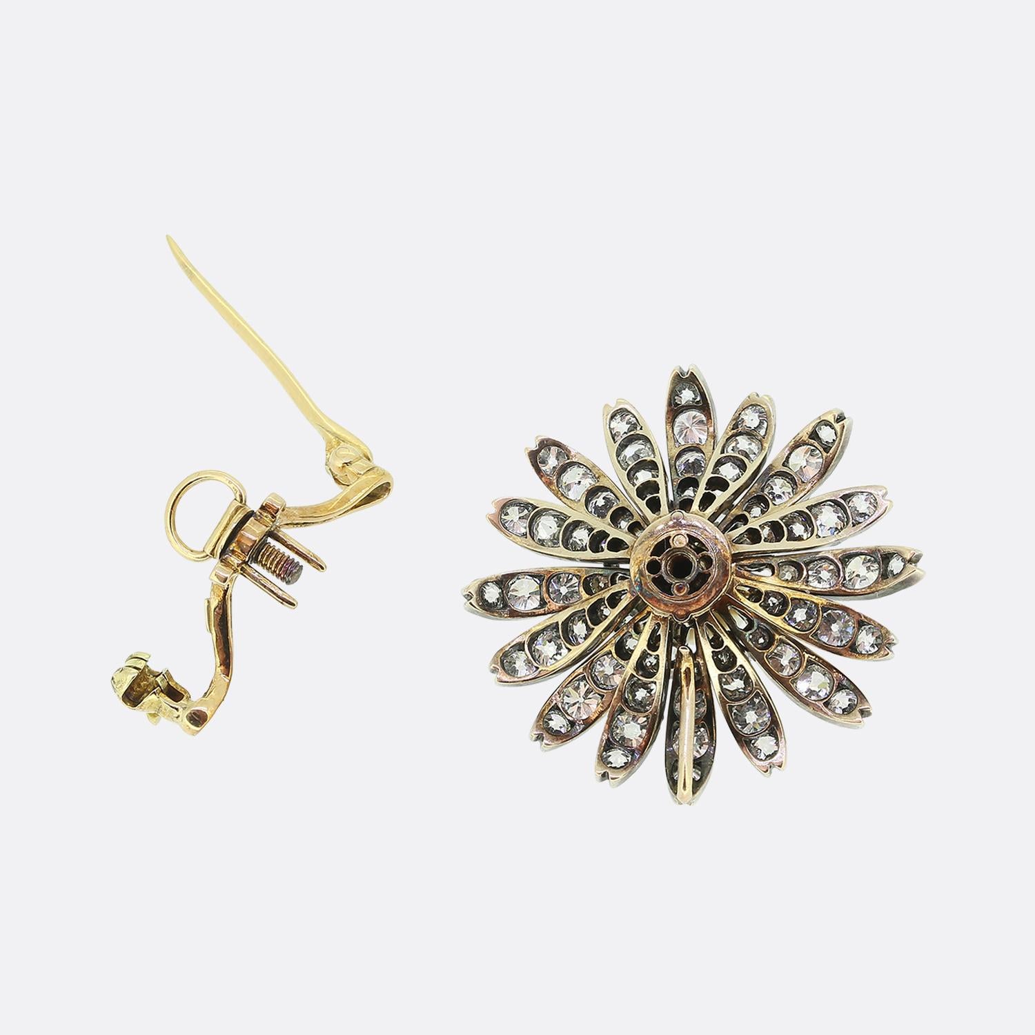 Bead Antique Natural Pearl and Diamond Flower Pendant Brooch For Sale
