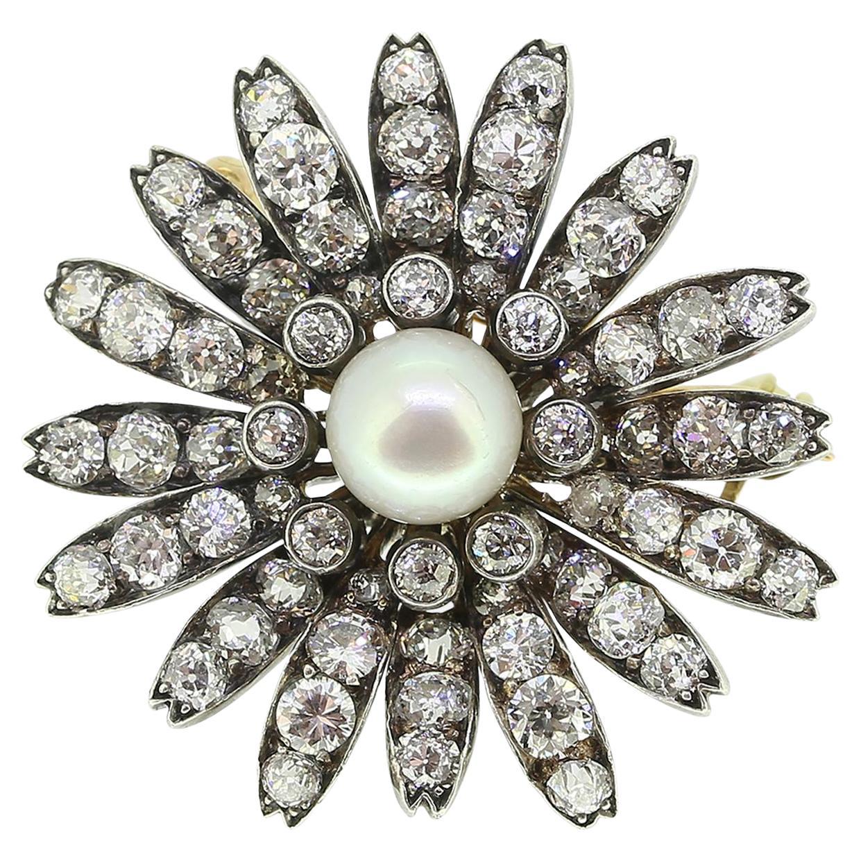 Antique Natural Pearl and Diamond Flower Pendant Brooch