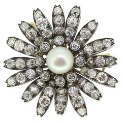 Antique Natural Pearl and Diamond Flower Pendant Brooch