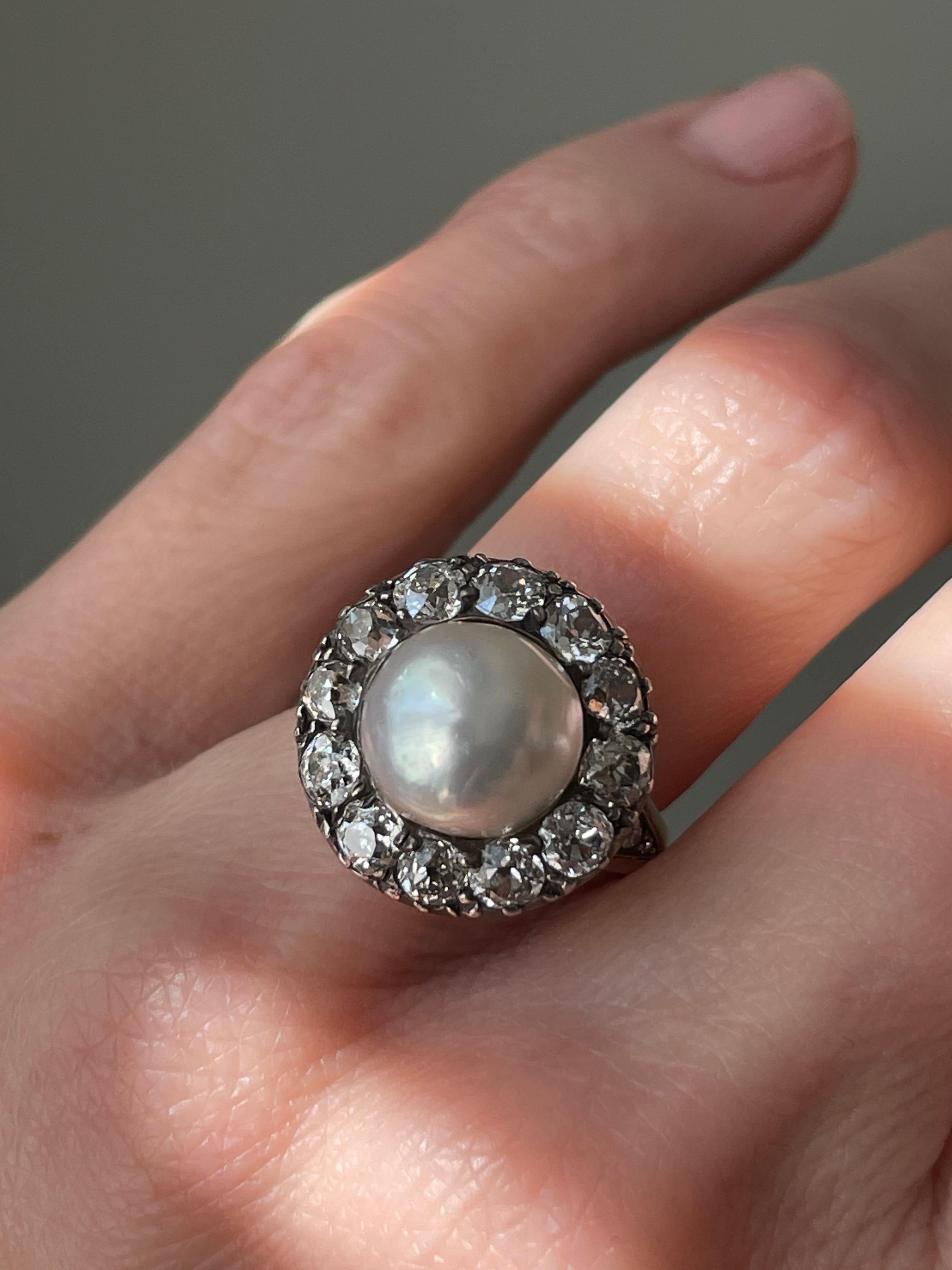 Antiker Halo-Ring mit Naturperlen und Diamanten – GIA-zertifiziert (Alteuropäischer Brillantschliff)