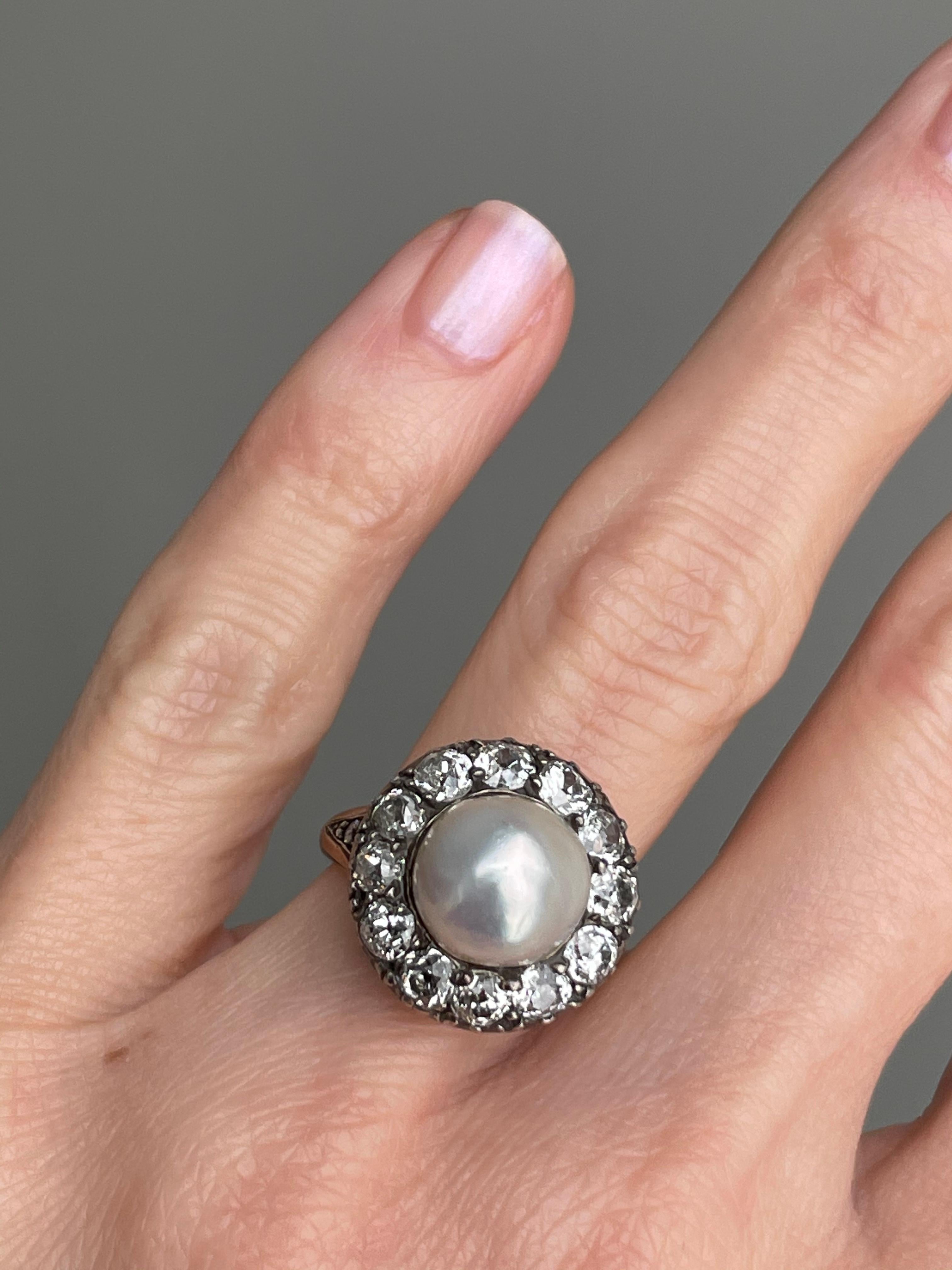 Antiker Halo-Ring mit Naturperlen und Diamanten – GIA-zertifiziert Damen