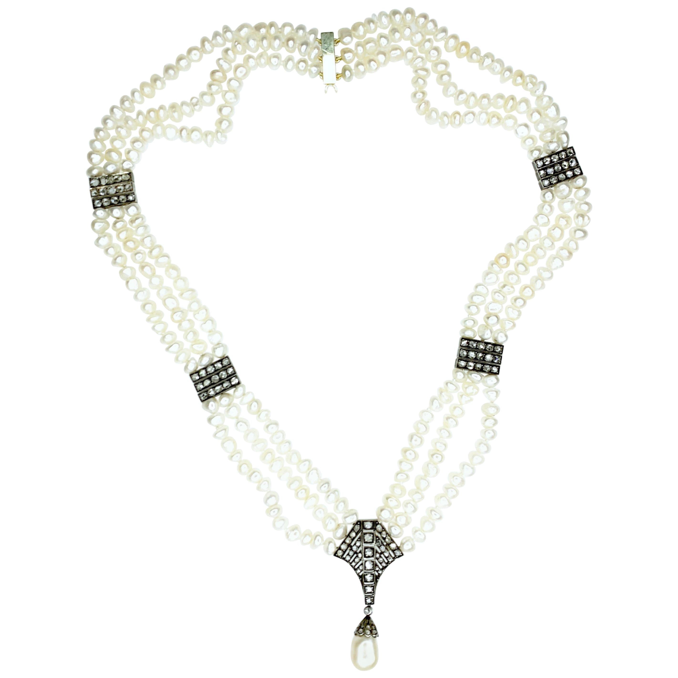 GEMOLITHOS Antique Natural Pearl and Diamond Necklace, 19th Century For Sale