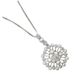 Antique Natural Pearl and Diamond Pendant Necklace, circa 1910