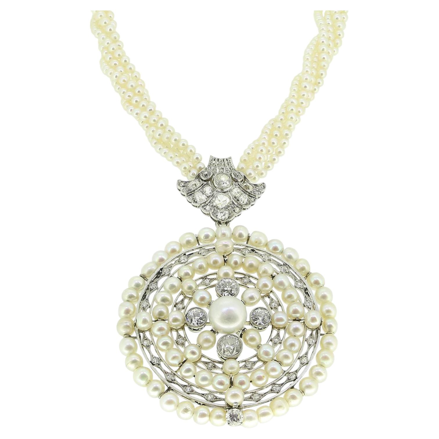 Antike natürliche Perle und Diamant-Anhänger-Halskette