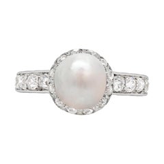 Antique Natural Pearl and Diamond Platinum Cluster Engagement Ring, circa 1920s