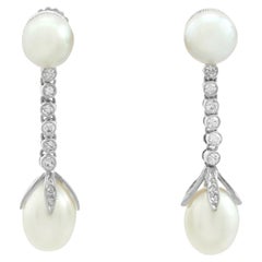 Antique Natural Pearl and Diamond Platinum Drop Earrings