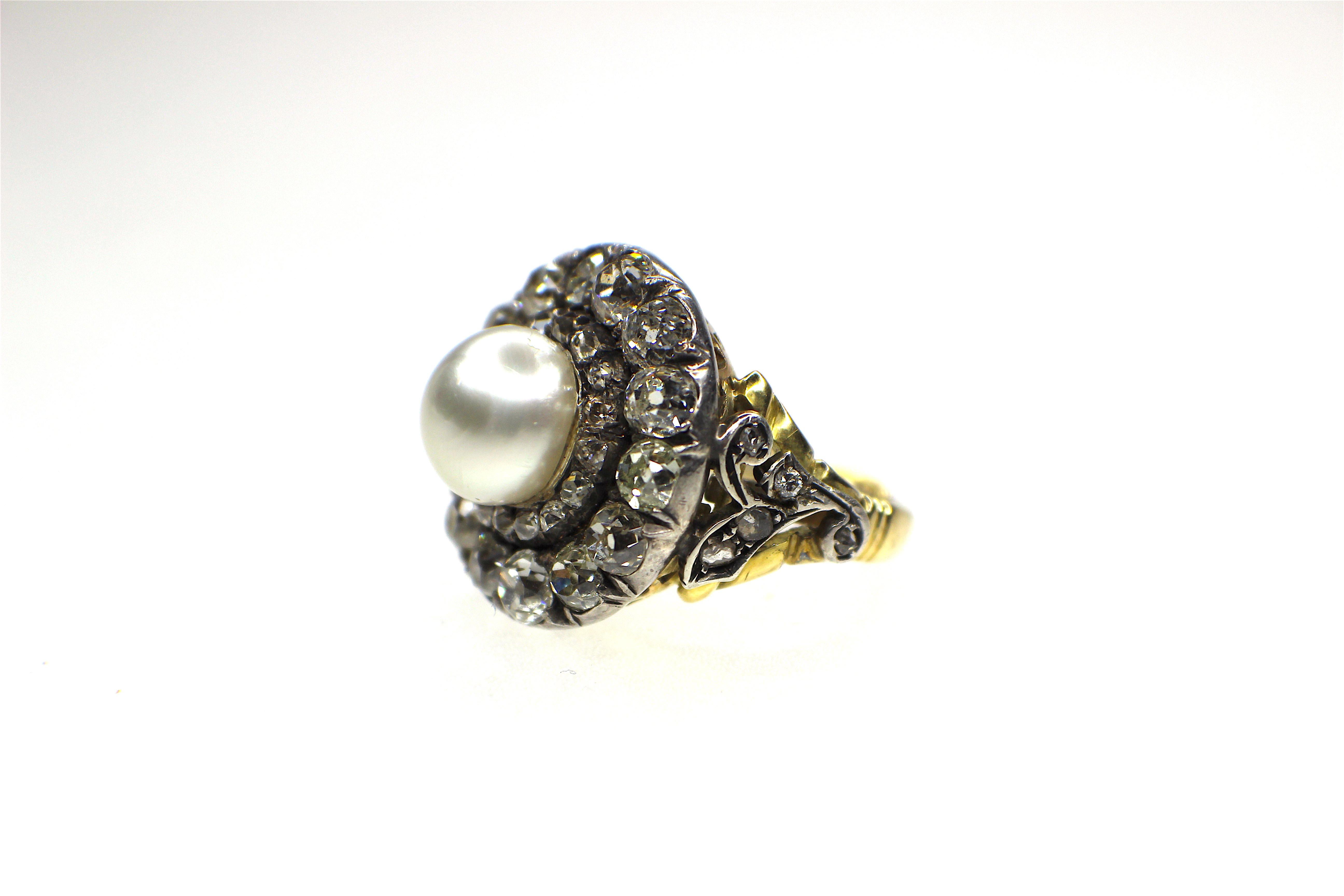 Victorian Antique, Natural Pearl and Diamond Ring, 19th Century