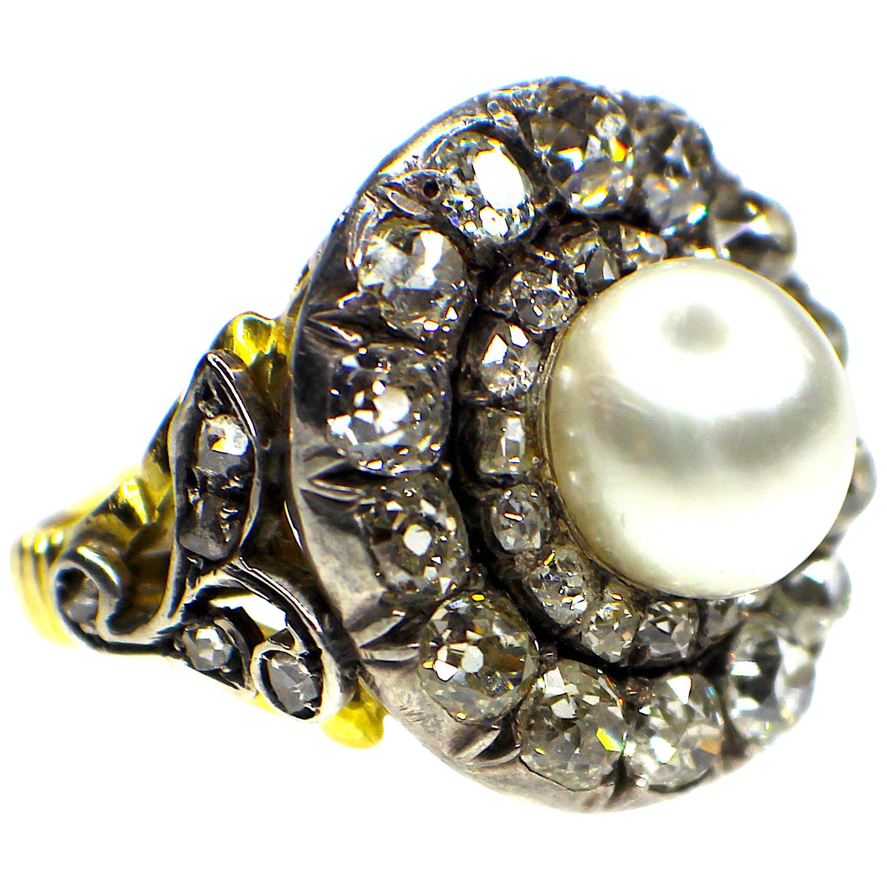 Antique, Natural Pearl and Diamond Ring, 19th Century