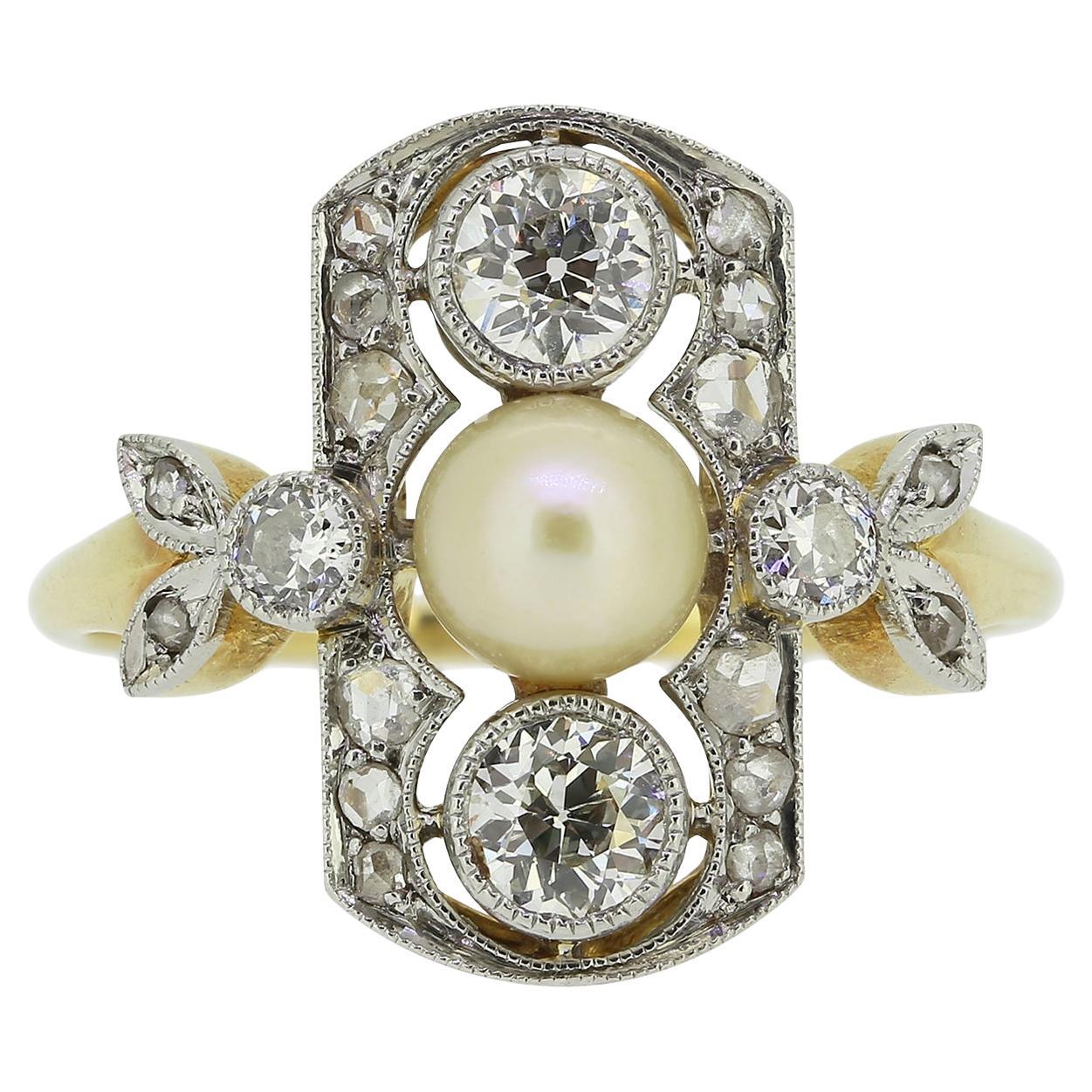 Antique Natural Pearl and Diamond Tablet Ring