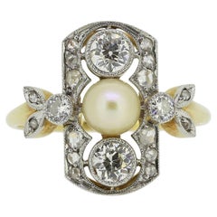 Antique Natural Pearl and Diamond Tablet Ring