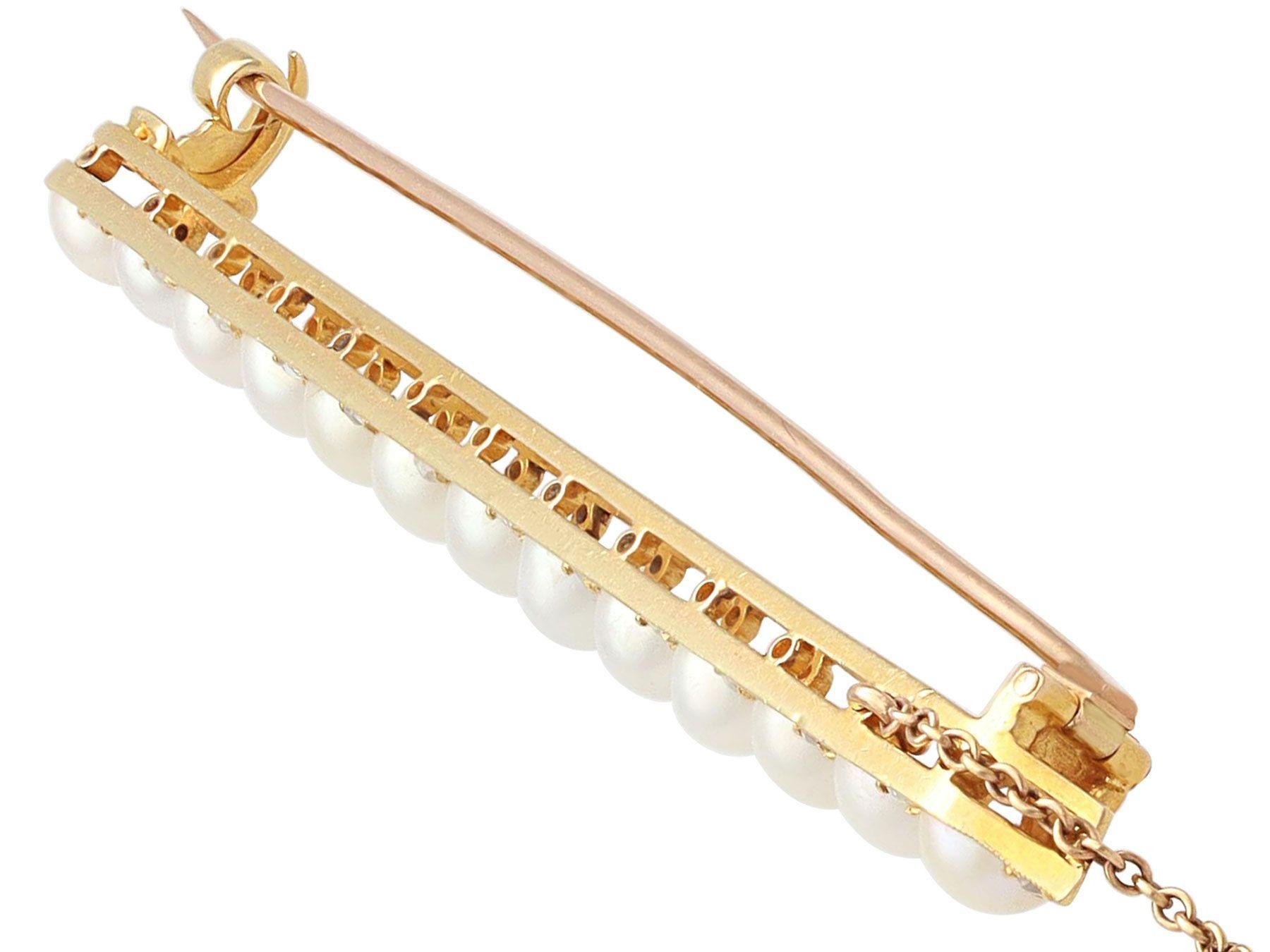 Round Cut Antique Natural Pearl and Diamond 18k Yellow Gold Bar Brooch, circa 1880 For Sale