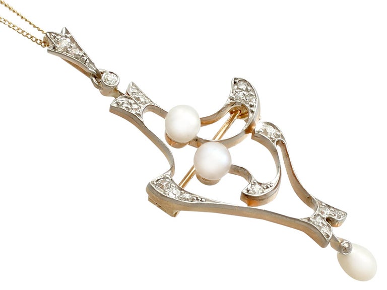 Antique Natural Pearl and Diamond Yellow Gold Pendant Brooch For Sale ...
