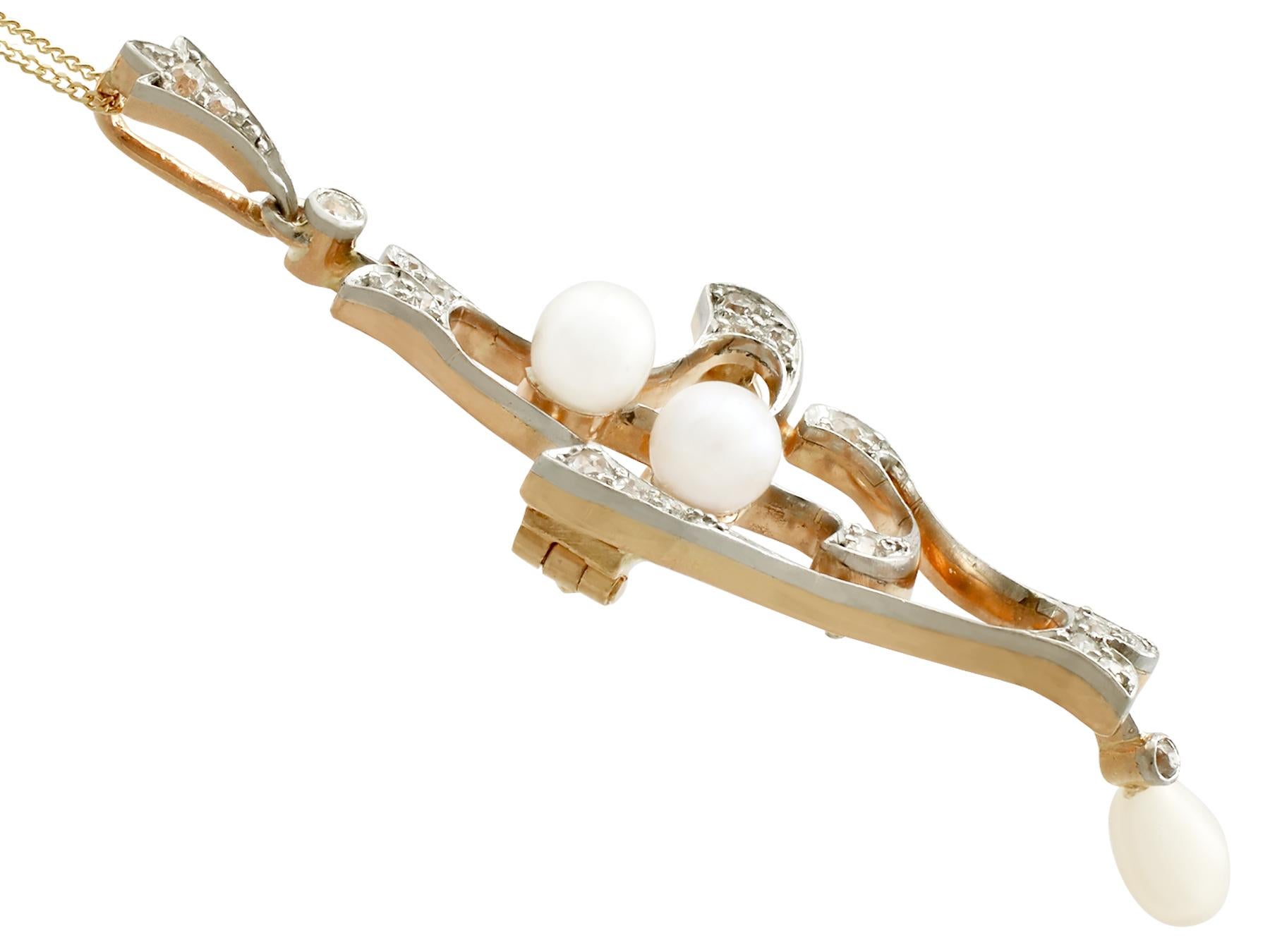 Women's Antique Natural Pearl and Diamond Yellow Gold Pendant Brooch For Sale