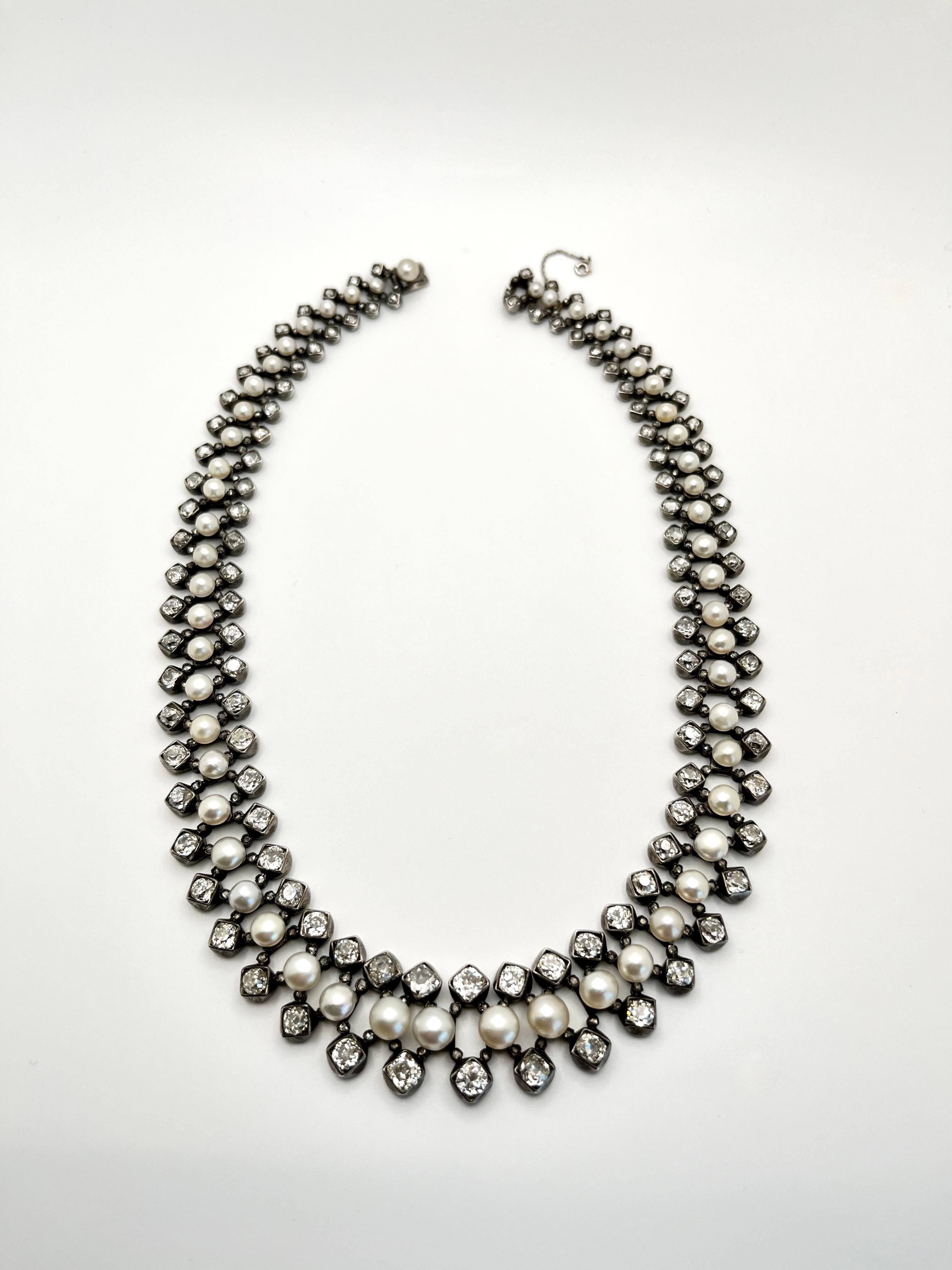 Renaissance Antique Natural Pearl and Old-Mine Diamond Necklace, circa 1880 For Sale