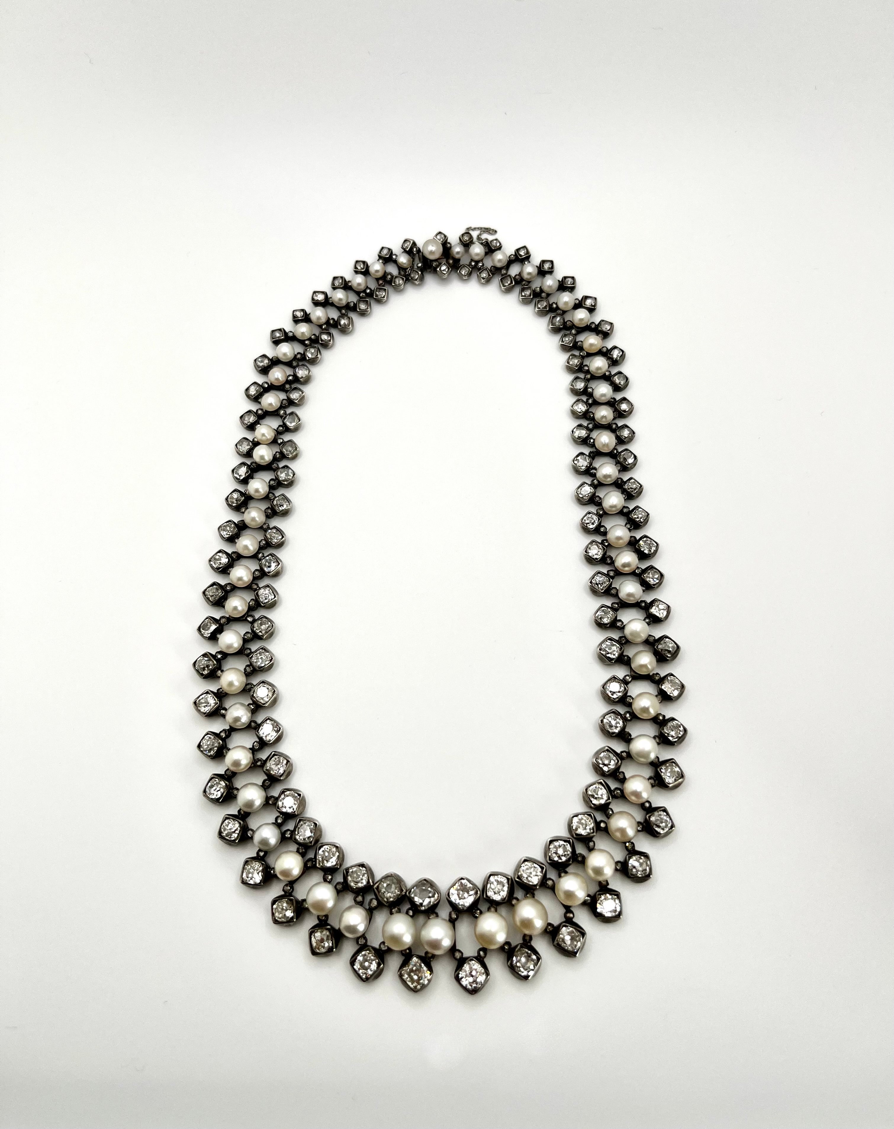 Old Mine Cut Antique Natural Pearl and Old-Mine Diamond Necklace, circa 1880 For Sale