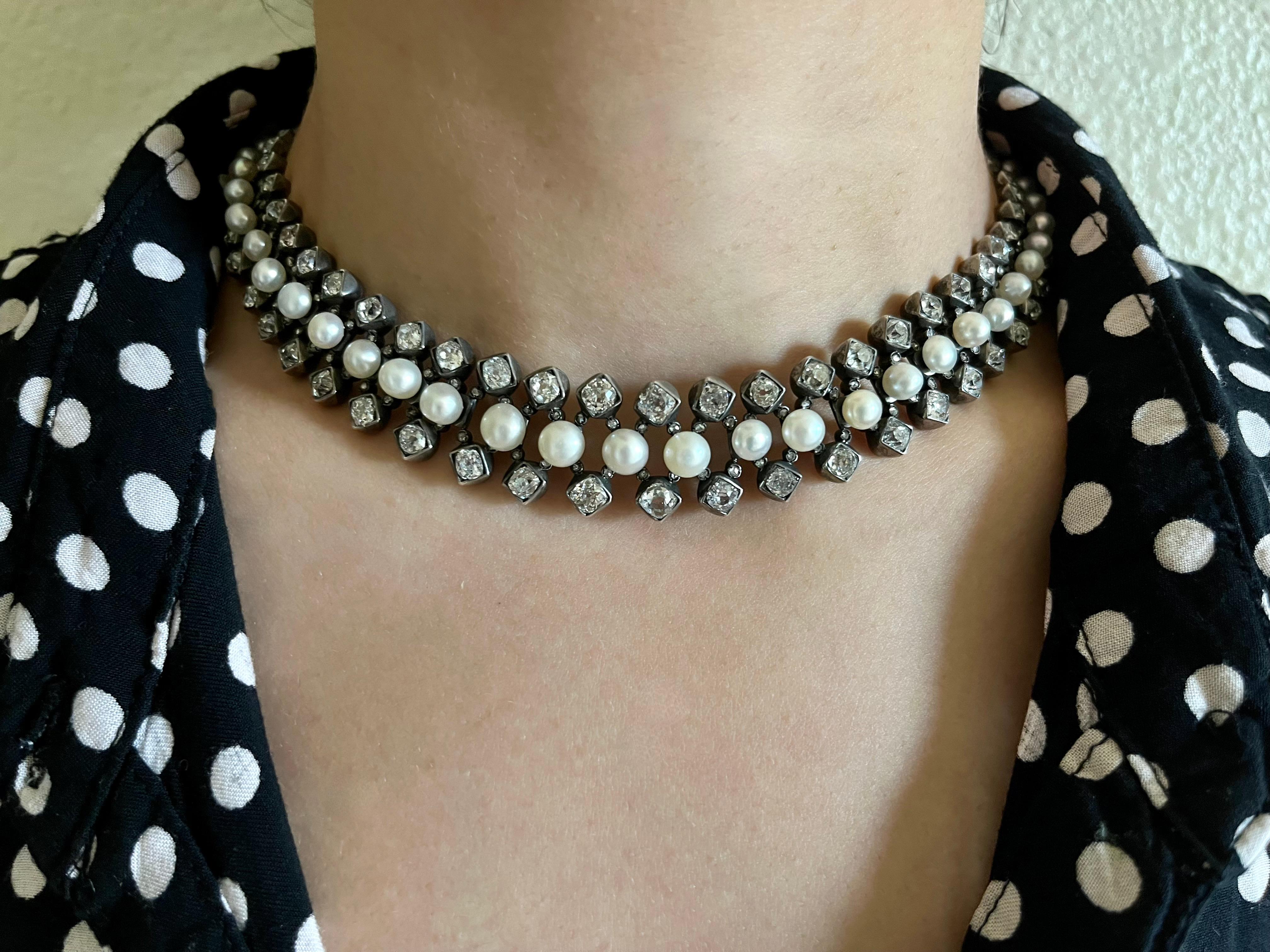 Antique Natural Pearl and Old-Mine Diamond Necklace, circa 1880 For Sale 2
