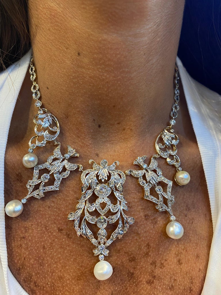 Antique Natural Pearl and Old Mine Diamond Necklace For Sale at 1stDibs