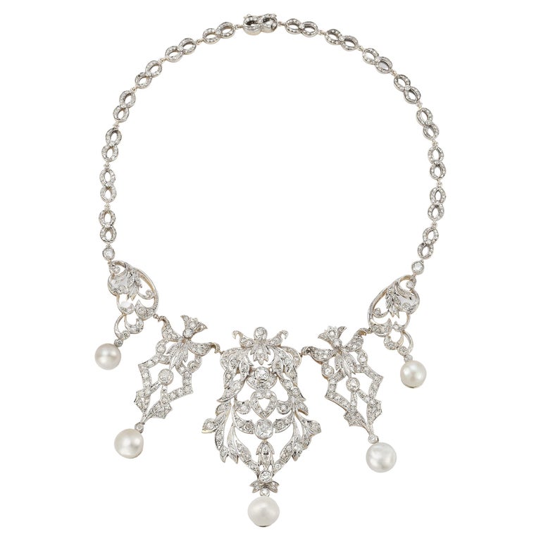 Antique Natural Pearl and Old Mine Diamond Necklace For Sale at 1stDibs
