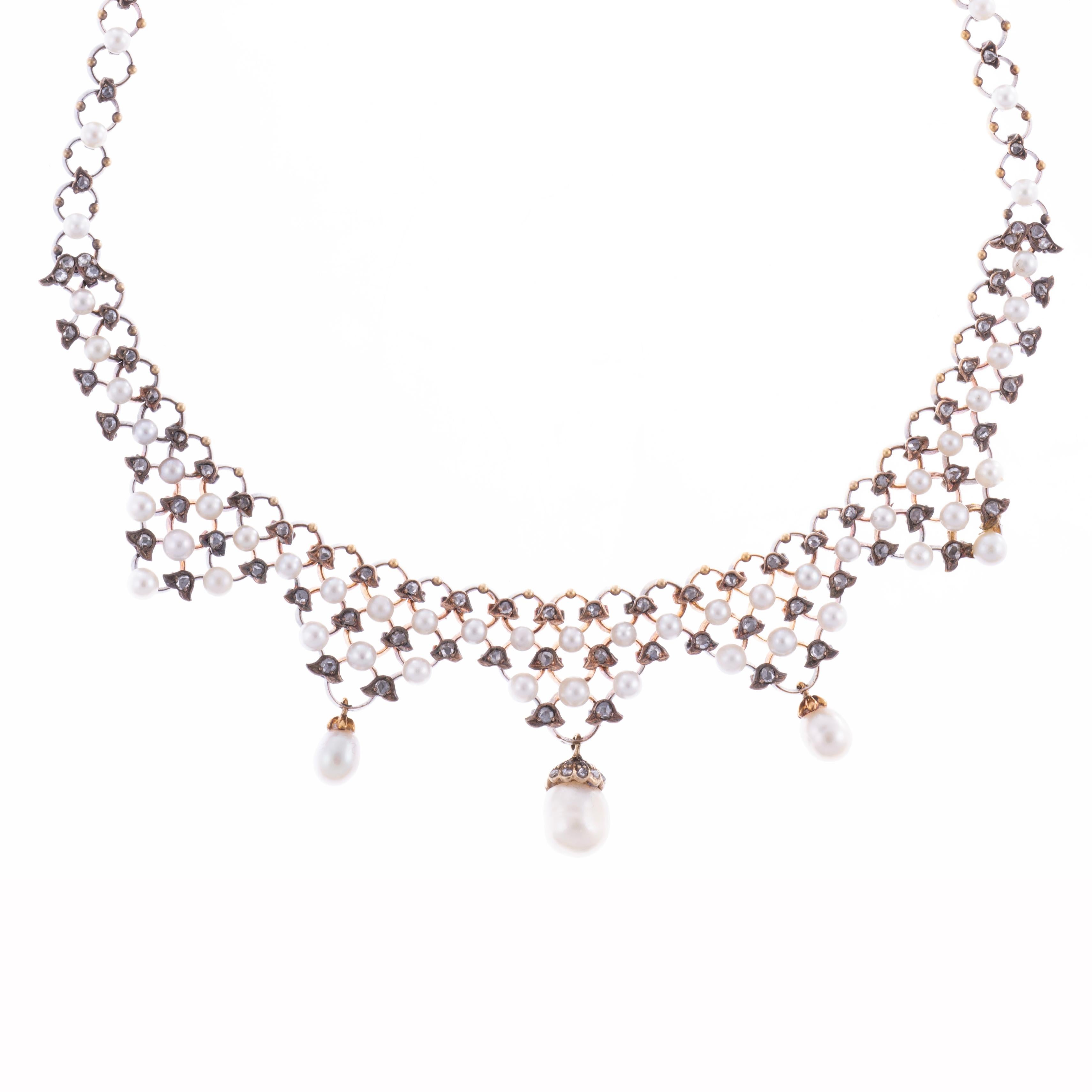 Antique Natural Pearl and Rose Cut Diamond 18k Yellow Gold Necklace In Excellent Condition For Sale In Carmel-by-the-Sea, CA