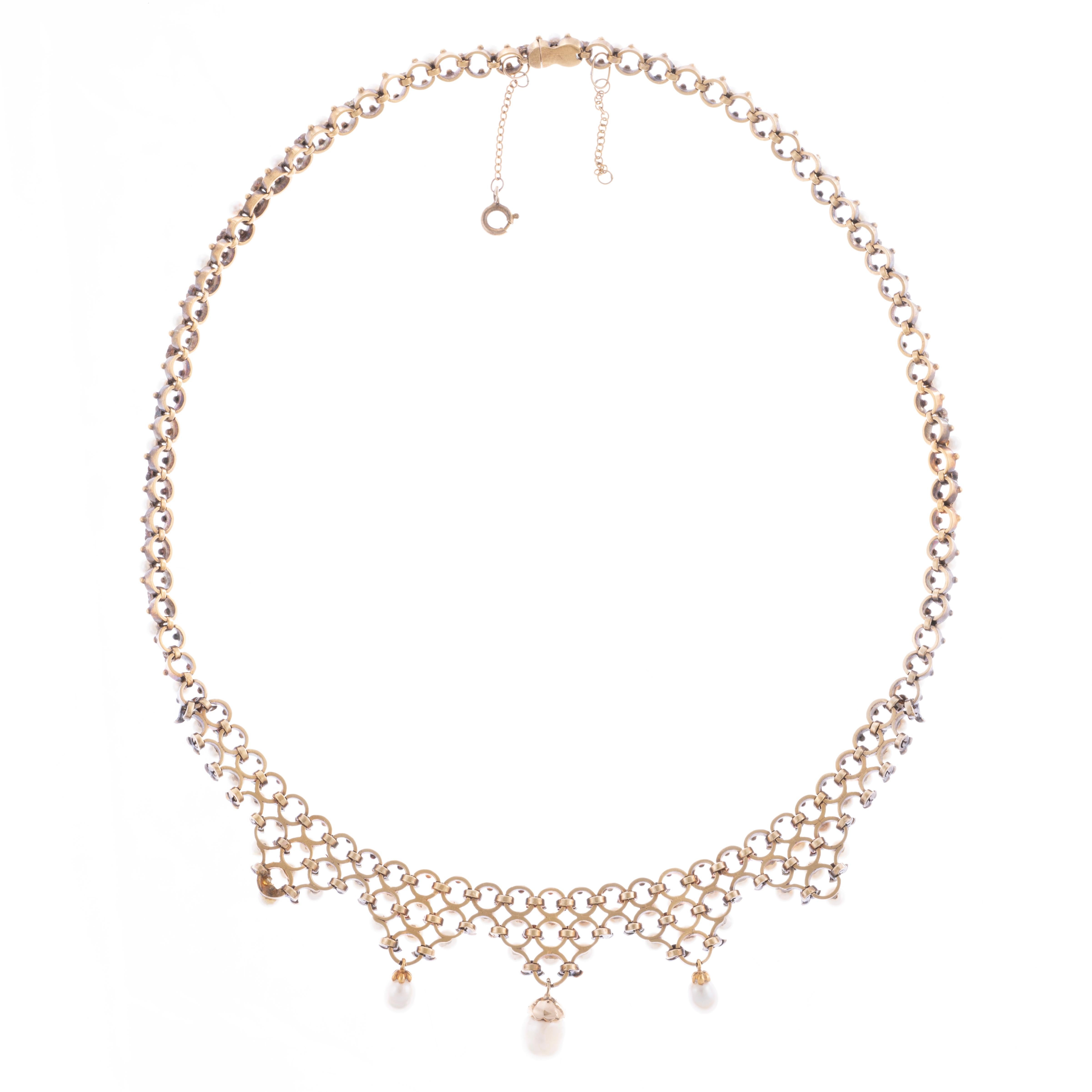 Antique Natural Pearl and Rose Cut Diamond 18k Yellow Gold Necklace For Sale 1