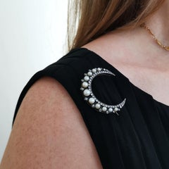 Antique Natural Pearl and Rose Cut Diamond Crescent Brooch, Circa 1890