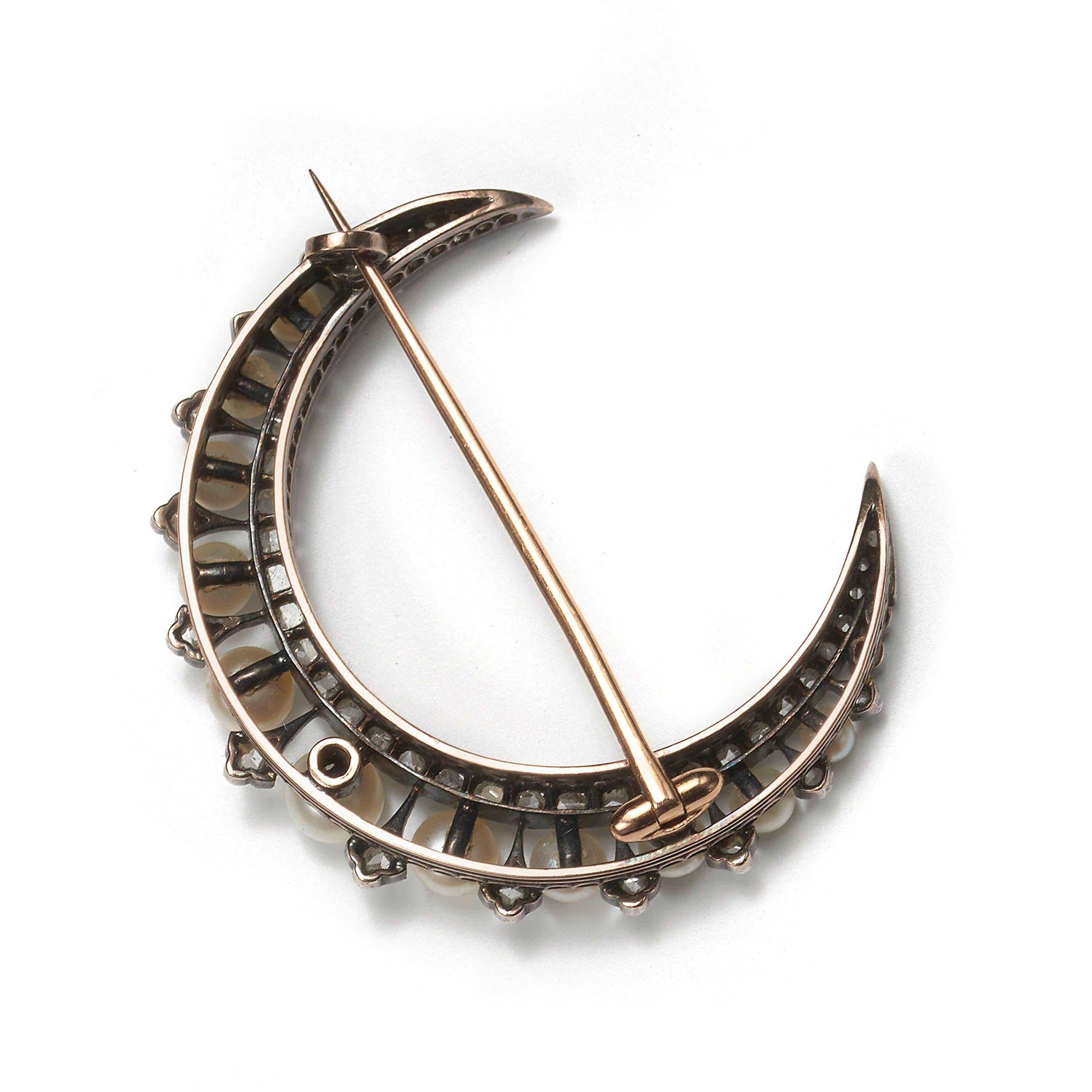 Victorian Antique Natural Pearl and Rose Cut Diamond Crescent Brooch, Circa 1890 For Sale