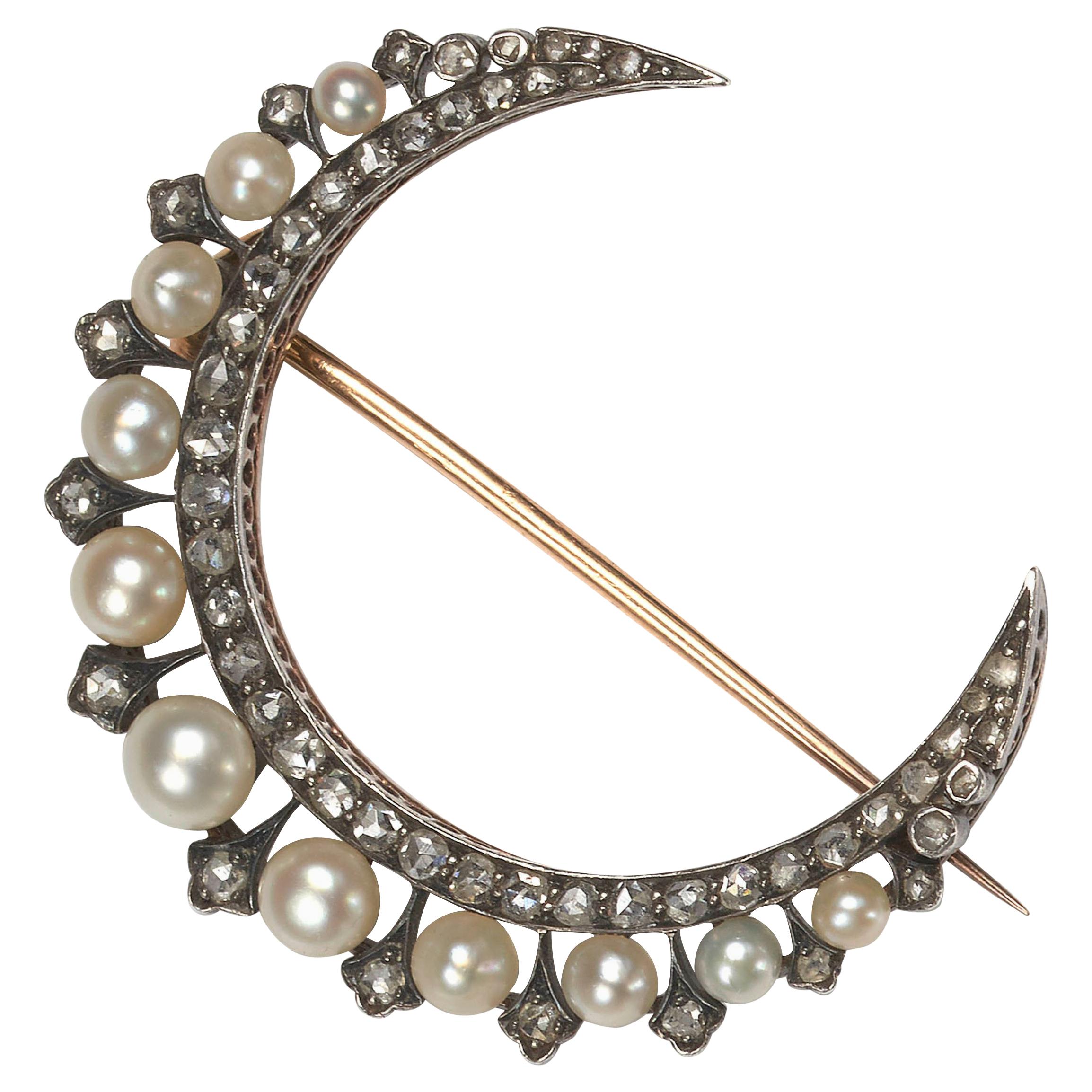 Antique Natural Pearl and Rose Cut Diamond Crescent Brooch, Circa 1890 For Sale