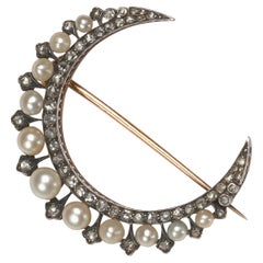Antique Natural Pearl and Rose Cut Diamond Crescent Brooch, Circa 1890