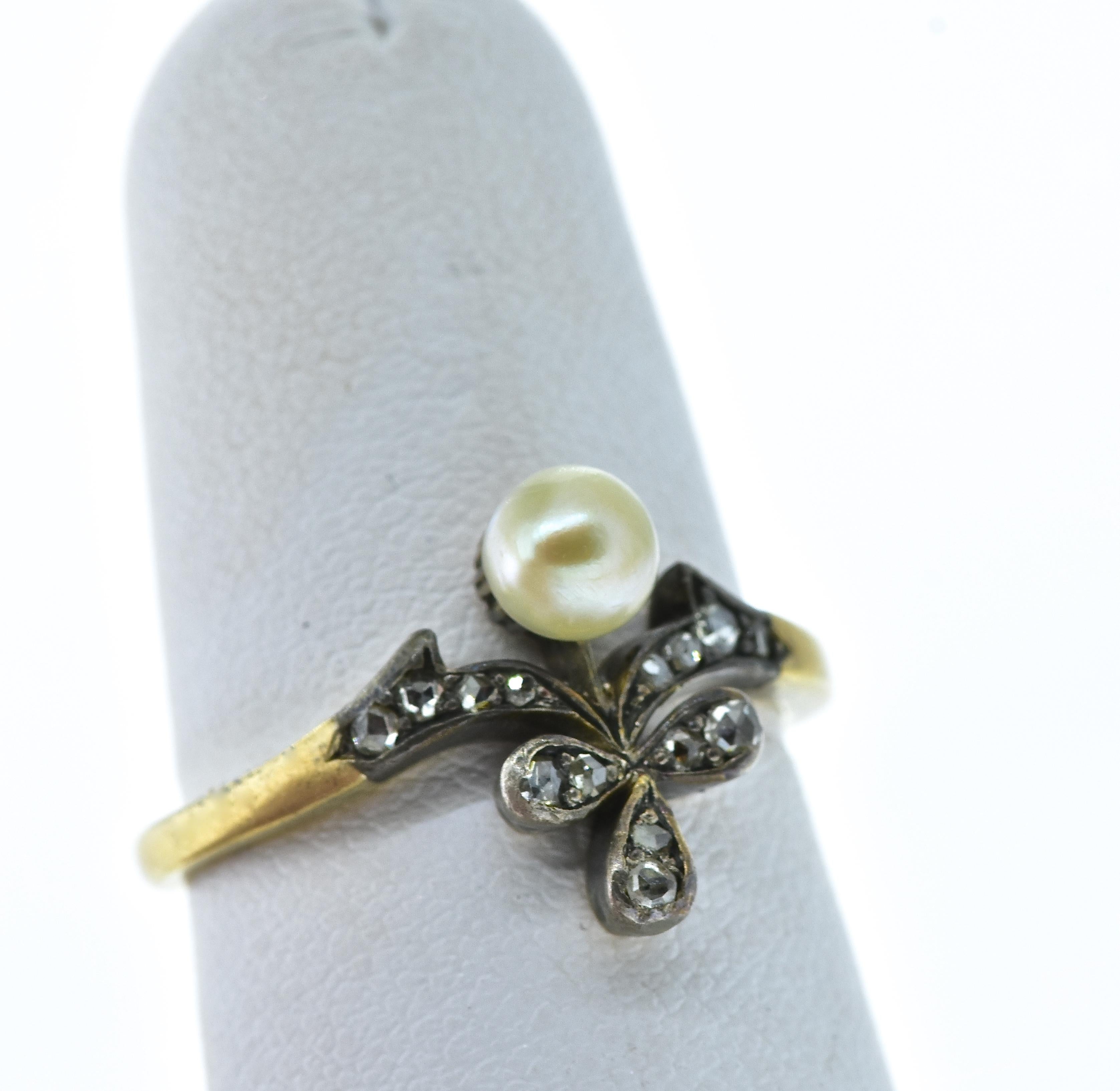 Antique Natural Pearl and Rose Cut Diamond Ring For Sale 5