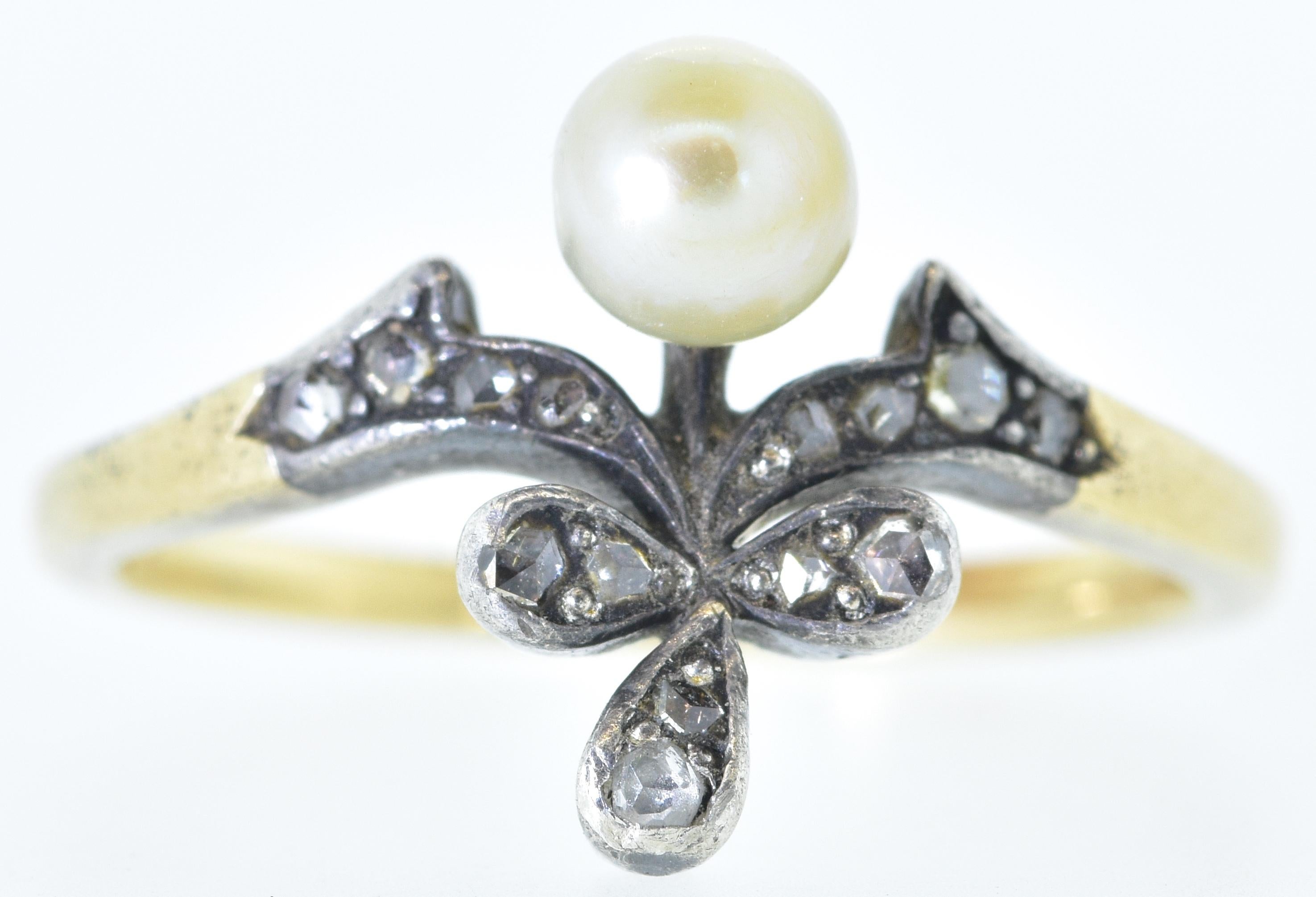 Women's or Men's Antique Natural Pearl and Rose Cut Diamond Ring For Sale