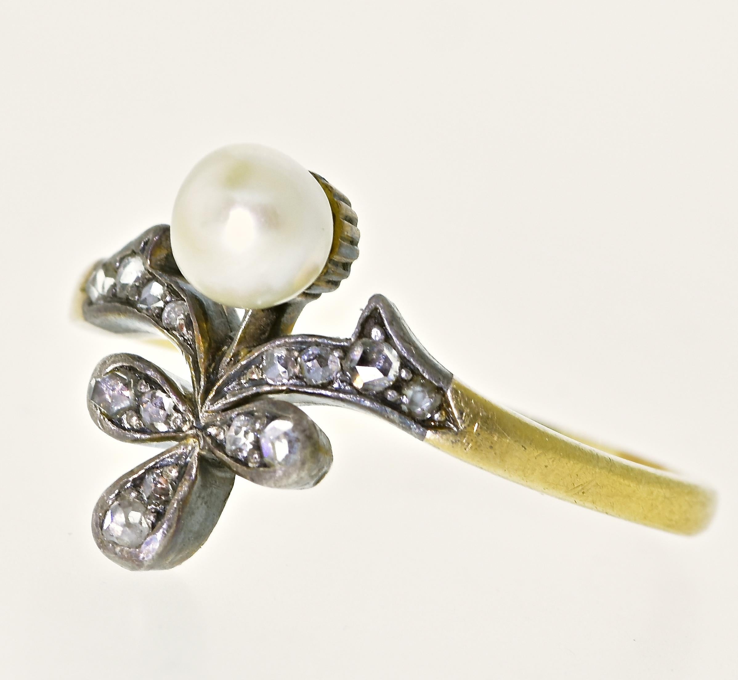 Antiker Ring mit natürlicher Perle und Diamant im Rosenschliff im Angebot 4