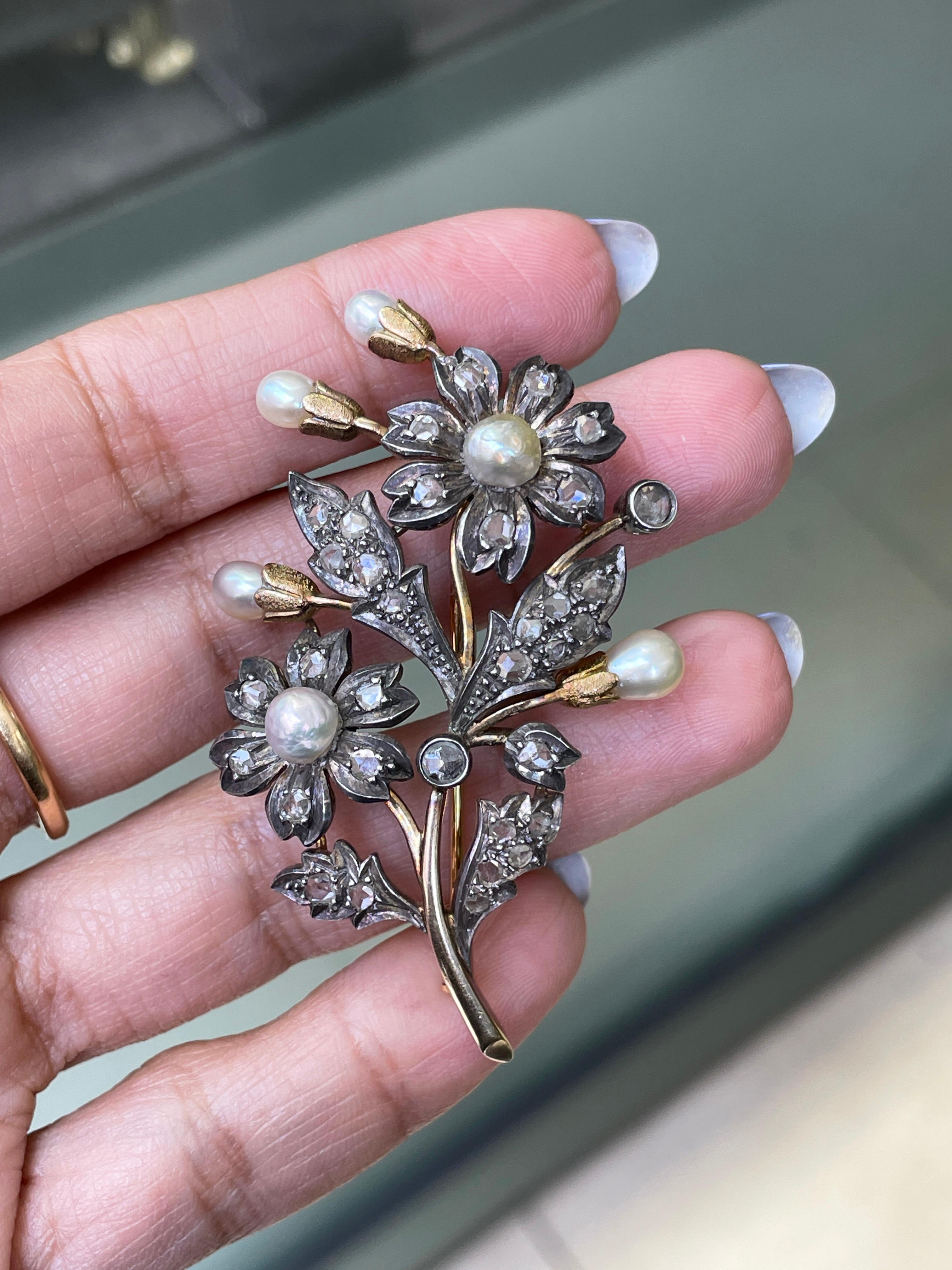 Victorian Antique Natural Pearl and Rose Cut Diamond Silver on Gold Floral brooch, c1870's For Sale