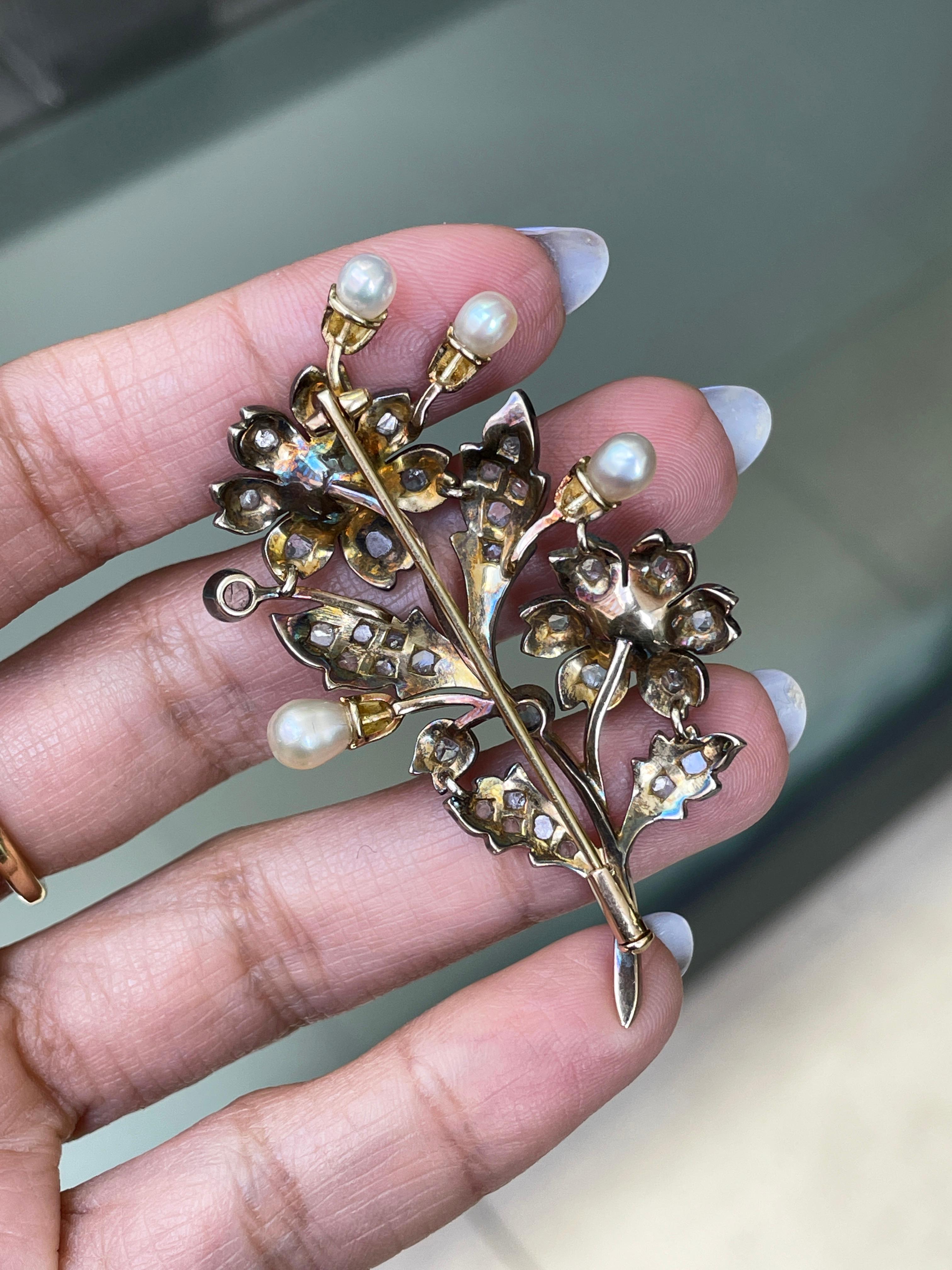Antique Natural Pearl and Rose Cut Diamond Silver on Gold Floral brooch, c1870's In Good Condition For Sale In London, GB