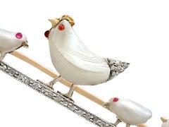Antique Natural Pearl and Ruby Diamond and Yellow Gold Bird Brooch