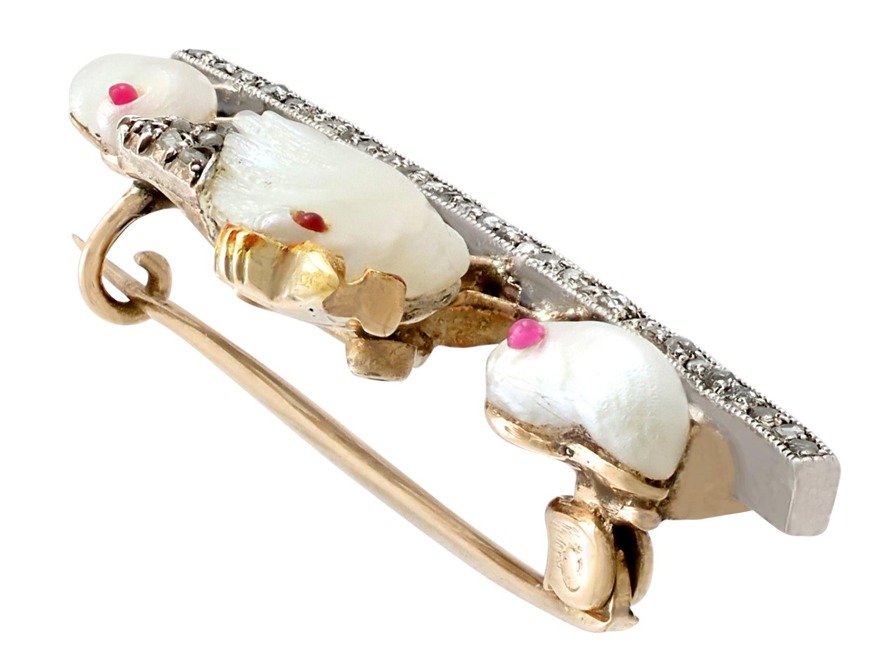 Victorian Antique Natural Pearl and Ruby Diamond and Yellow Gold Bird Brooch