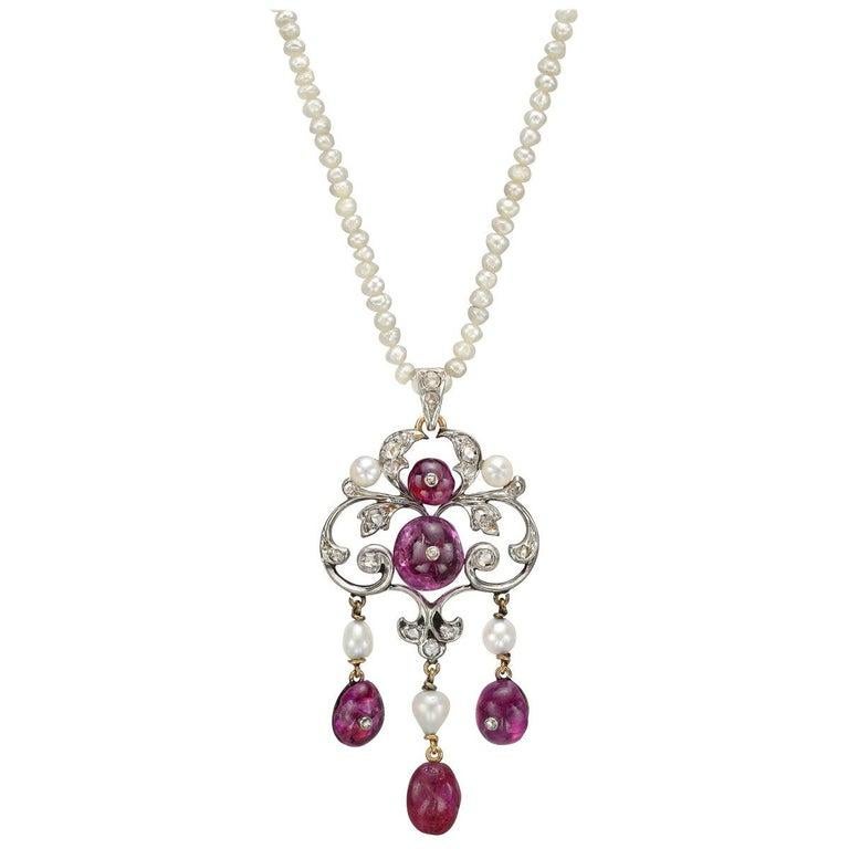 Rose Cut Antique Natural Pearl and Ruby Pendant Necklace