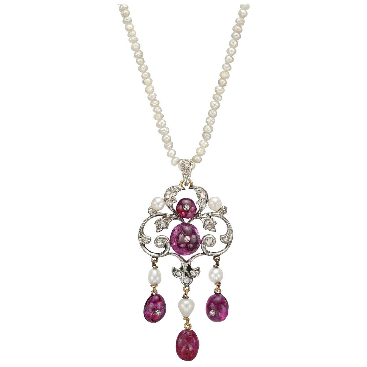 Antique Natural Pearl and Ruby Pendant Necklace