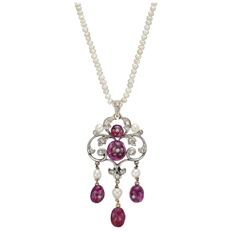 Antique Natural Pearl and Ruby Pendant Necklace at 1stDibs
