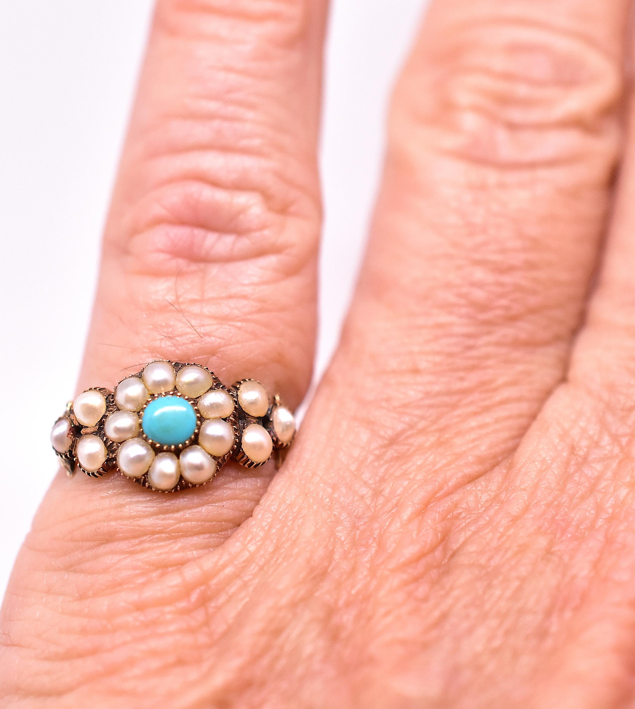 Antique Pearl and Turquoise Cluster Ring In Good Condition In Baltimore, MD