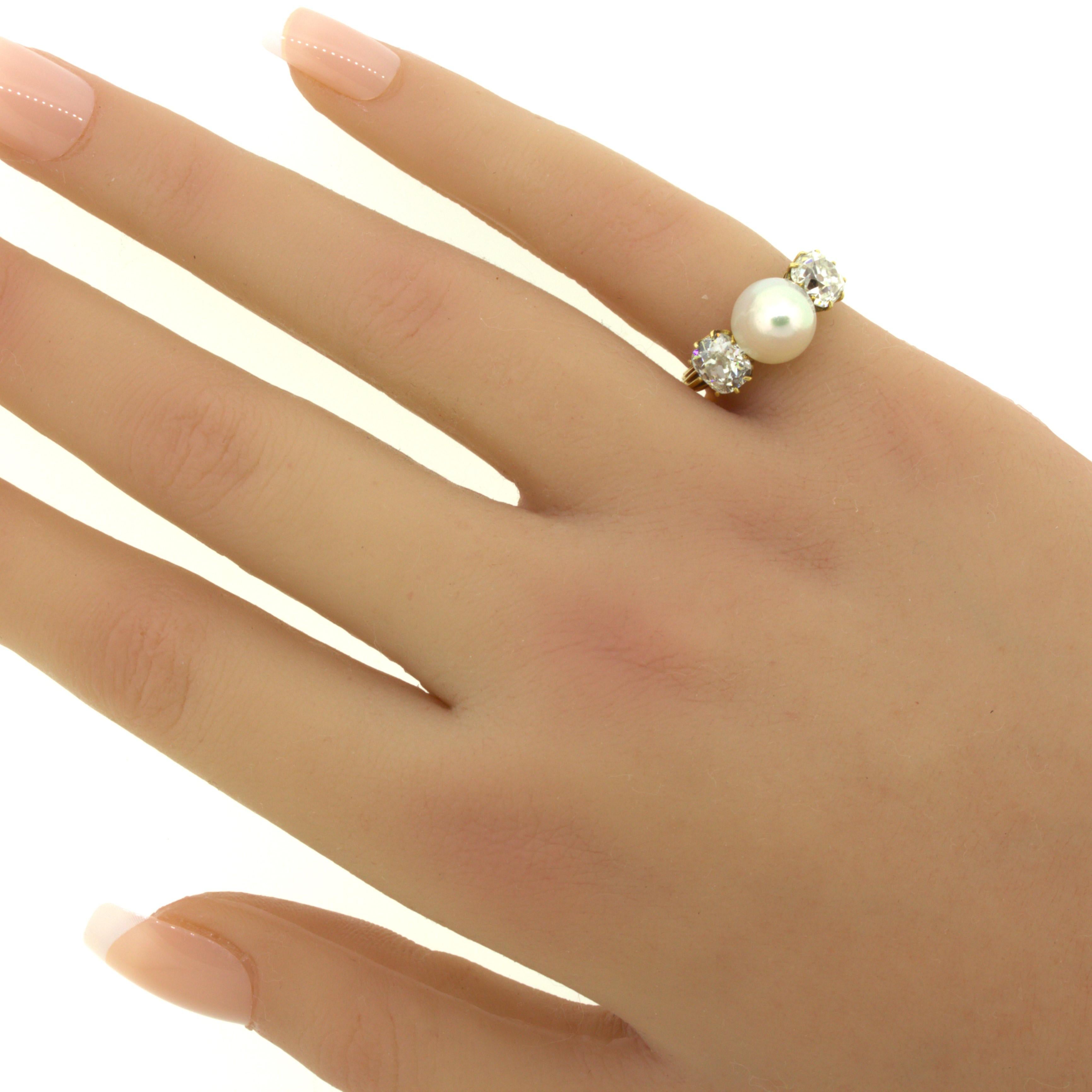 Anello antico in oro giallo 18k con diamante e perla naturale, certificato GIA 5