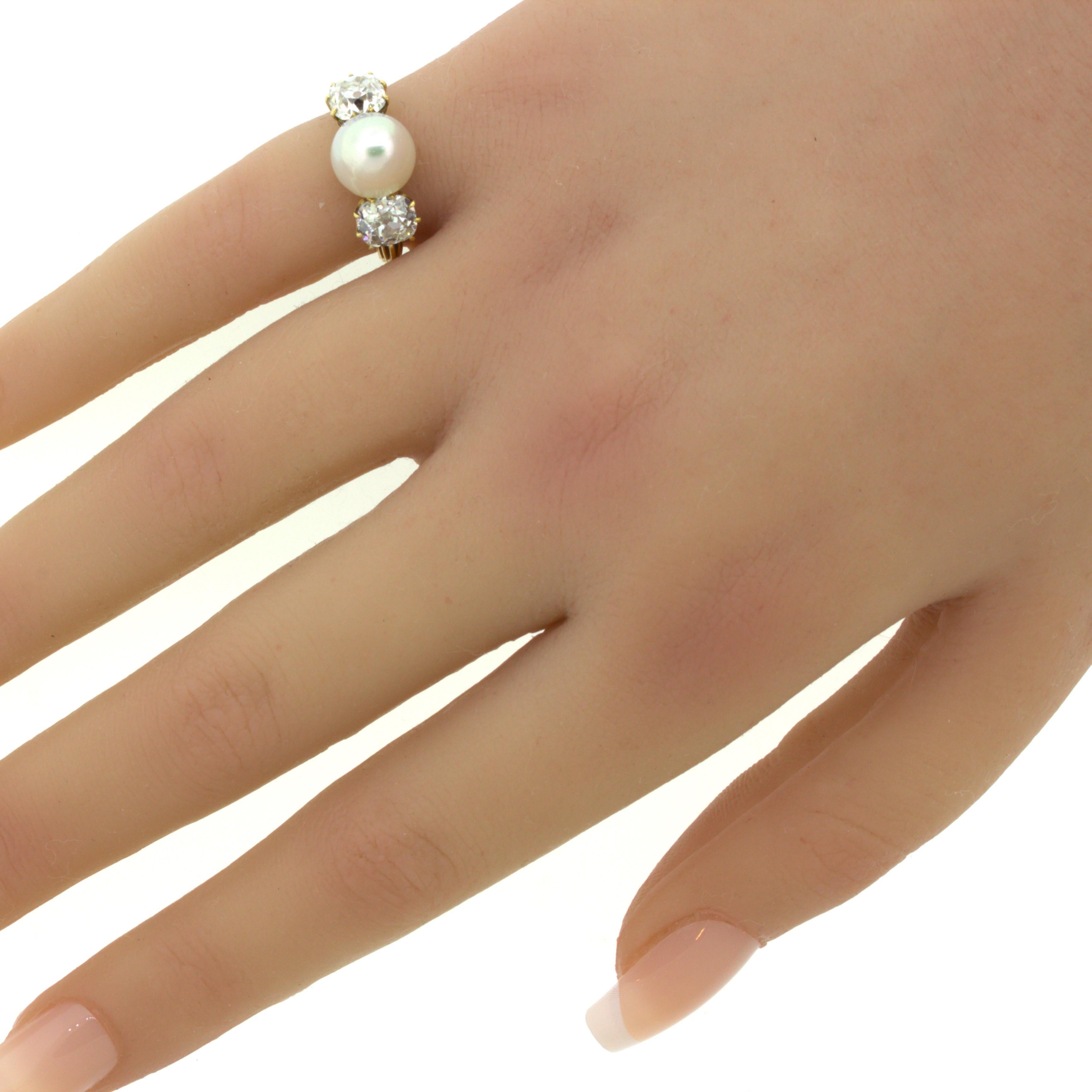 Anello antico in oro giallo 18k con diamante e perla naturale, certificato GIA 6