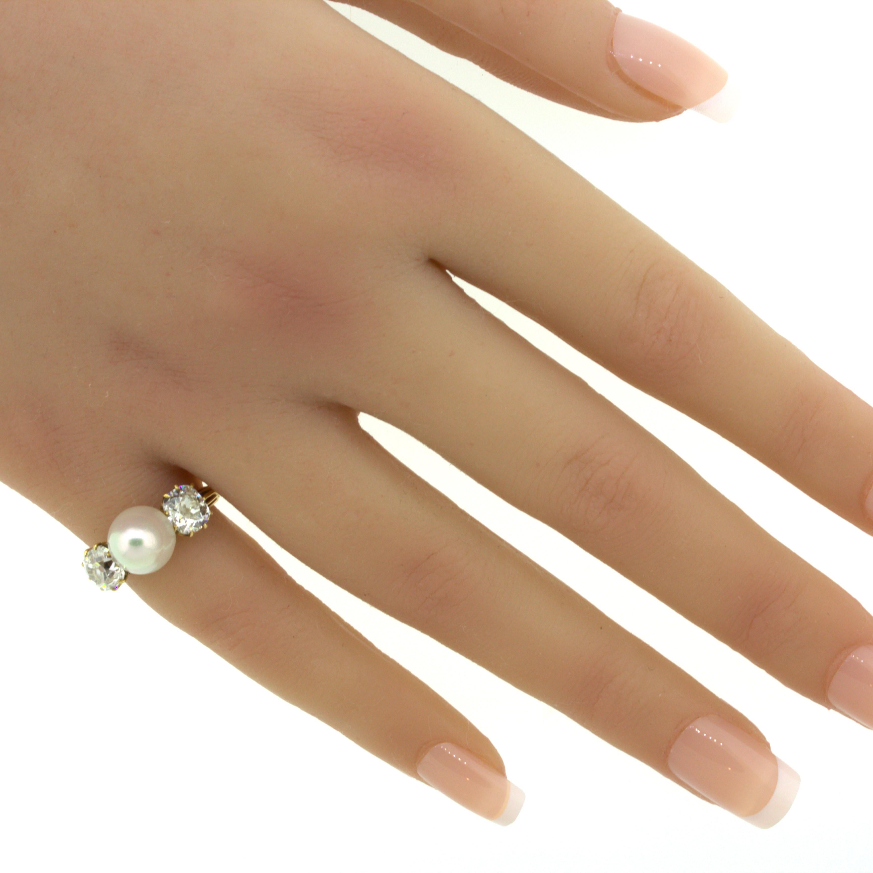 Anello antico in oro giallo 18k con diamante e perla naturale, certificato GIA 7