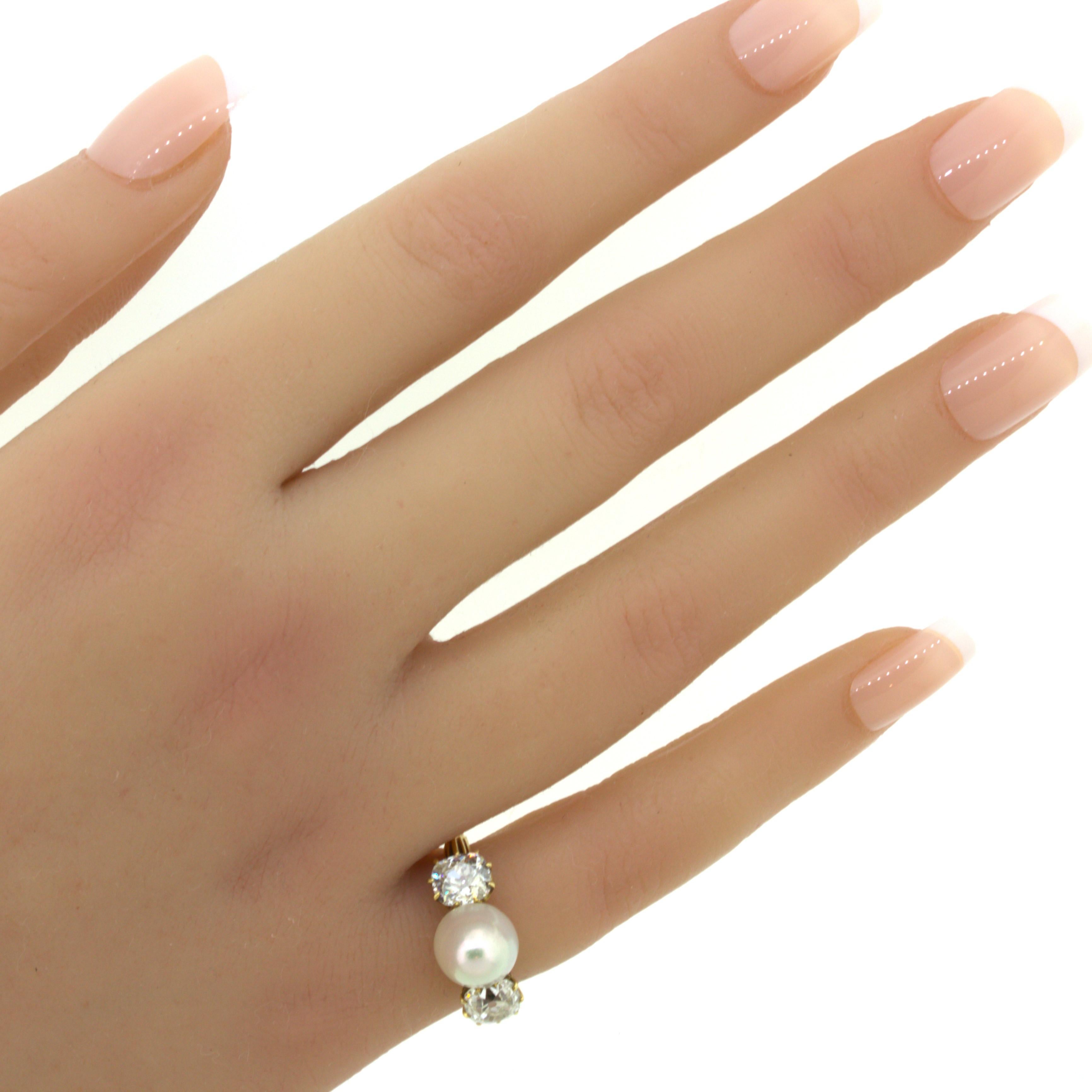 Anello antico in oro giallo 18k con diamante e perla naturale, certificato GIA 8
