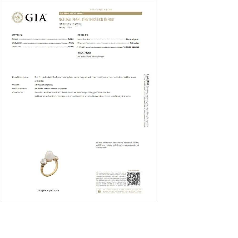 Anello antico in oro giallo 18k con diamante e perla naturale, certificato GIA 10