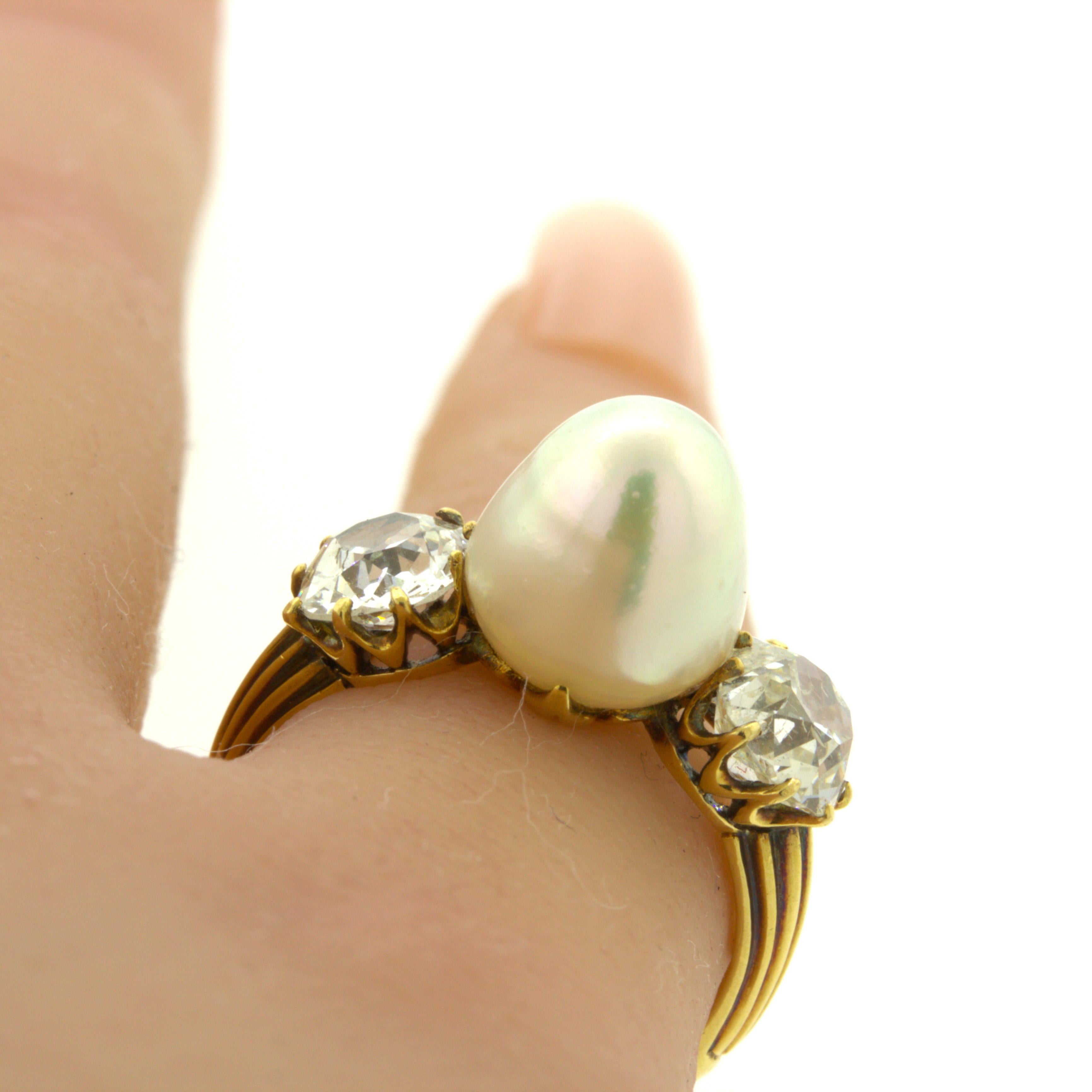 da uomo o donna Anello antico in oro giallo 18k con diamante e perla naturale, certificato GIA