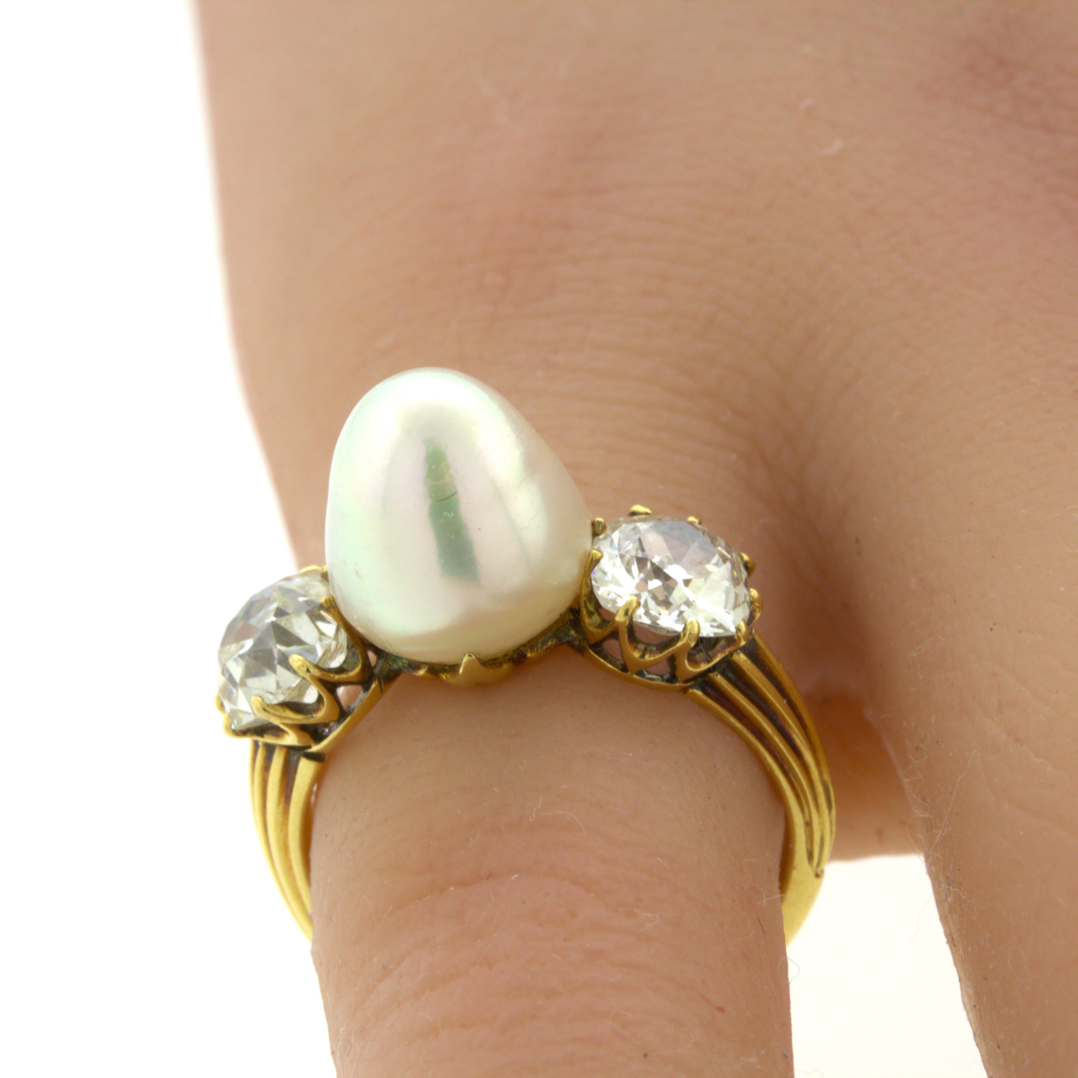 Anello antico in oro giallo 18k con diamante e perla naturale, certificato GIA 2