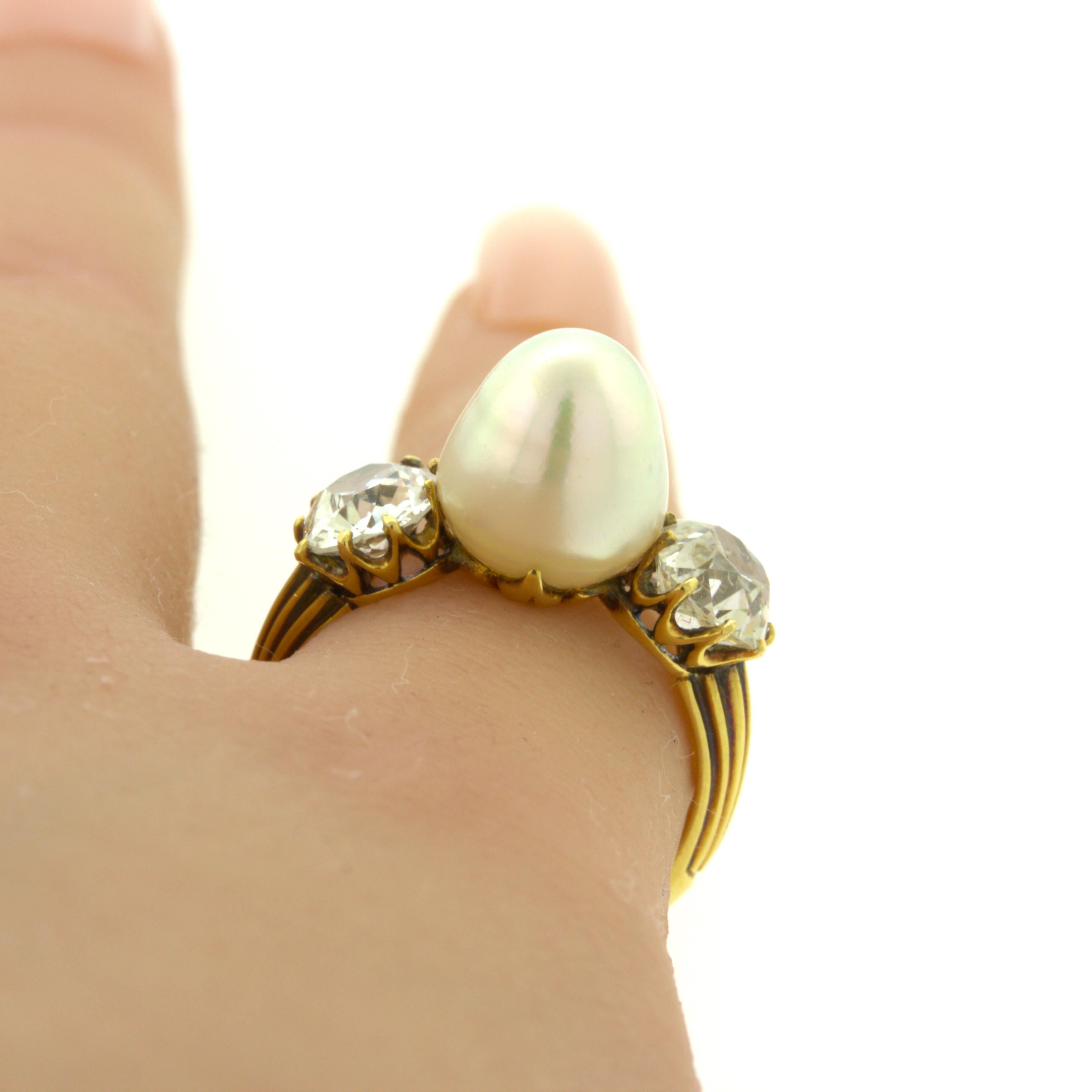 Anello antico in oro giallo 18k con diamante e perla naturale, certificato GIA 4