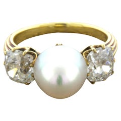  Antique Natural Pearl Diamond 18k Yellow Gold Ring, GIA Certified