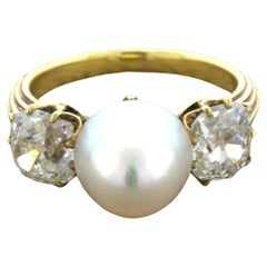 Anello antico in oro giallo 18k con diamante e perla naturale, certificato GIA