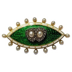 Antica spilla in oro e argento con diamanti, perle naturali e smalto, circa 1880